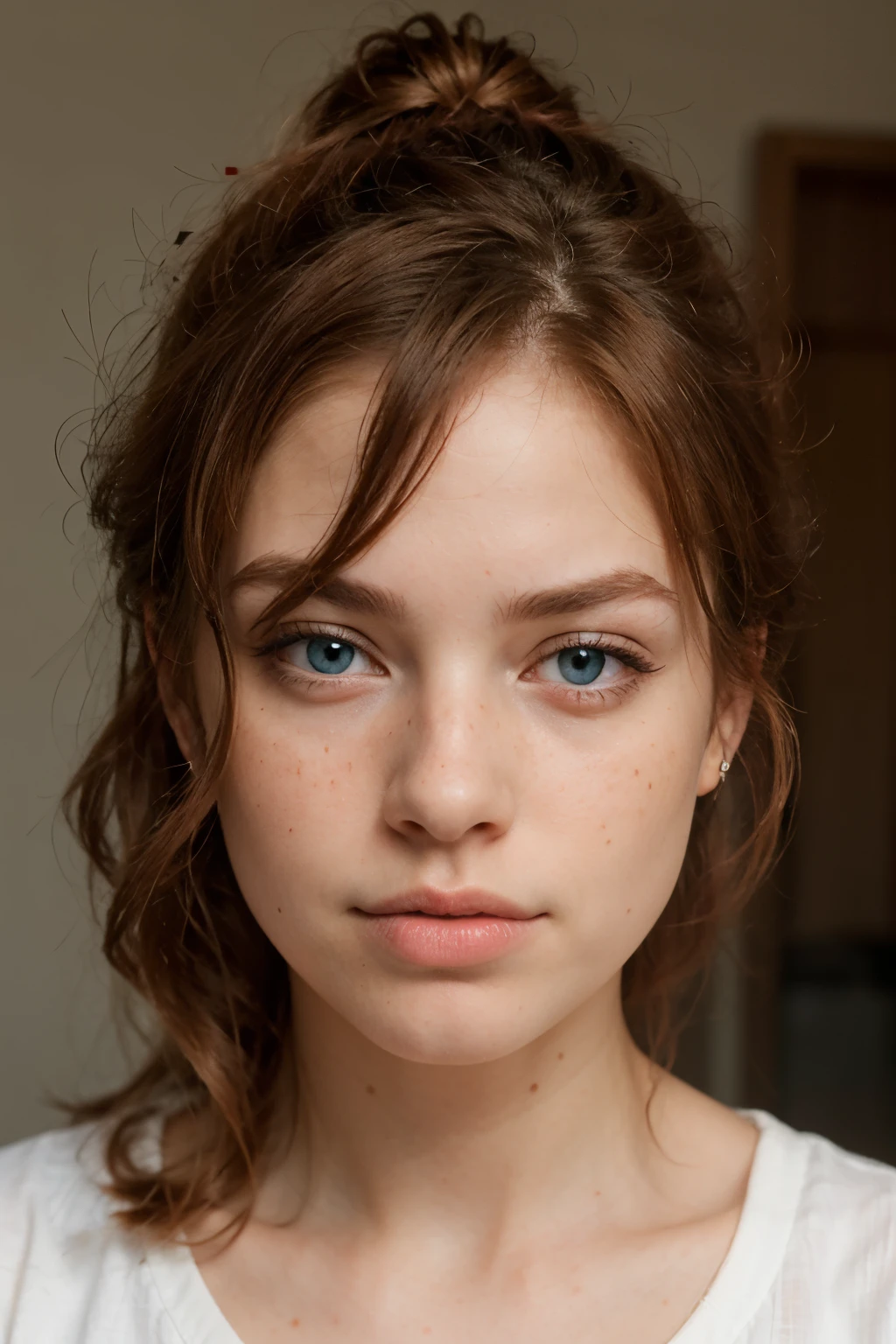 portrait of a beautiful redhead girl with freckles , big lips and blue eyes