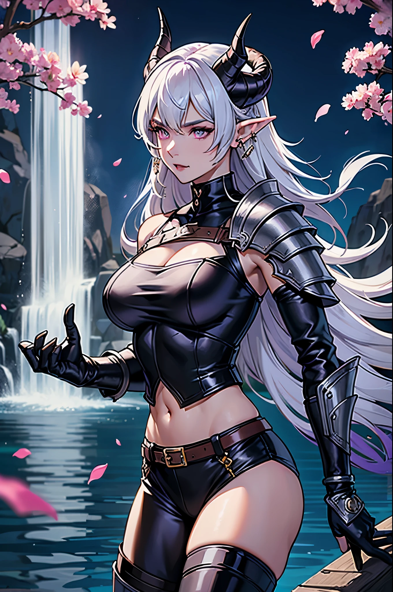 ((1 woman, solo)), extremely long fluffy hair, white hair, long messy bangs, purple lavender eyes, lilies and lotuses embroidery, mature, gorgeous, leather gloves, practical and badass mage outfit, ((large, long demon horns)), sharp fangs, pointed ears, elegant jewelry, multiple ear piercings, shiny wet skin, full-body armor ((armored shoulder pads, gauntlets)), capelet, cape, belts, garter belts, leather boots, puffy sleeves, turtleneck crop top, leather pants, underboob, cleavage, massive breasts, abs, muscular, big ass, narrow waist, wide hips, Cinematic lighting, hyper HD, close up portrait, Masterpiece, High details, ((sexy dynamic pose)), hydrokinetic powers, demon girl, waterfalls, water, paradise, flower petals flting around