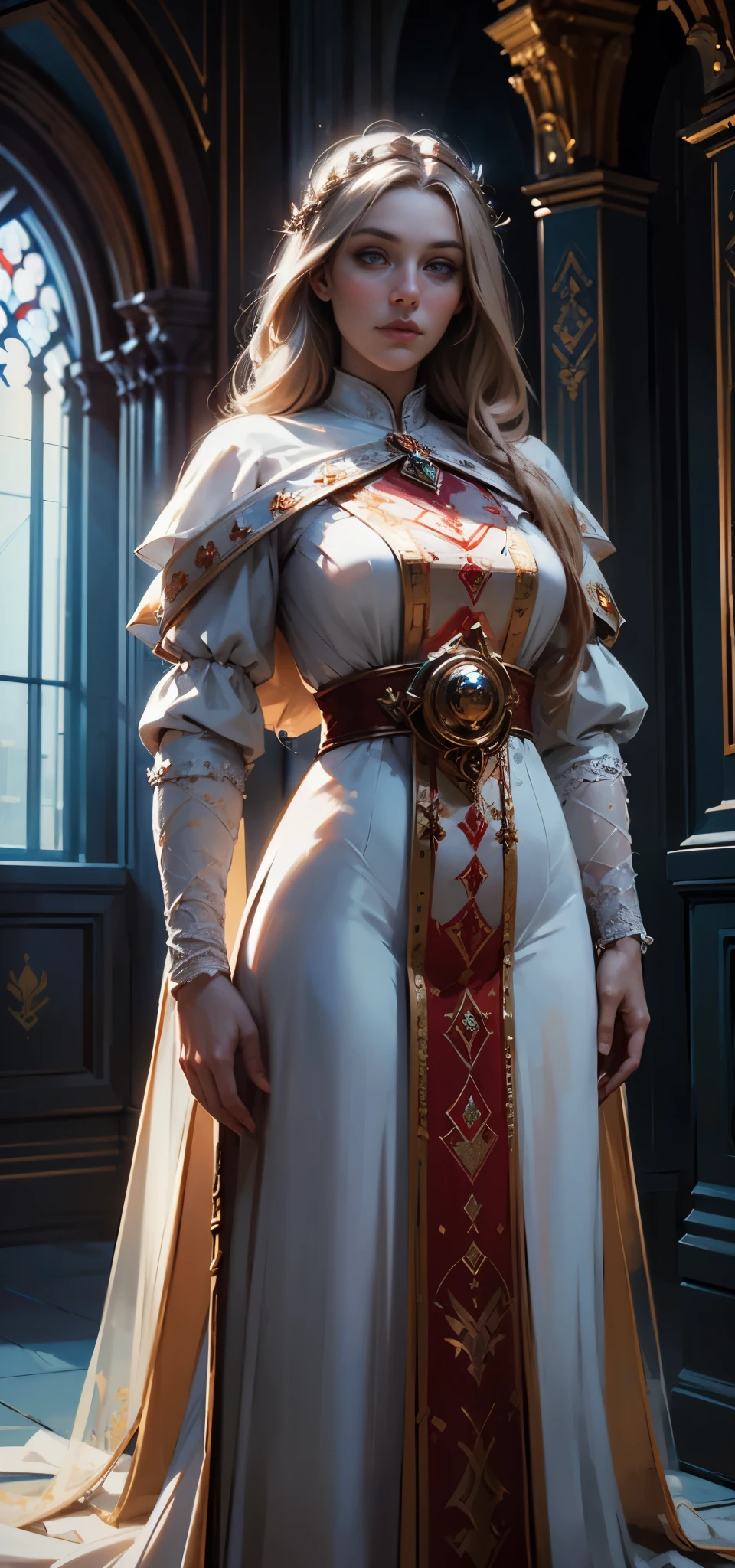 "Digital art illustration, masterpiece quality, ultra detailed character design of Lady Isolde, late 30s, ethereal beauty, deep captivating eyes, dressed in iconic red/white elaborate Grand Inquisitor uniform with symbols of The Holy Ethereal, aura of power and determination, background hinting at shadowed halls of power and sacred chambers. Art style: Renaissance dark erotic fantasy, high resolution, HDR lighting, intricate details, (by oprisco:1.2), (by marat safin:1.2), (masterpiece:1.5), (ultra detailed character design:1.5), wide angle lens."