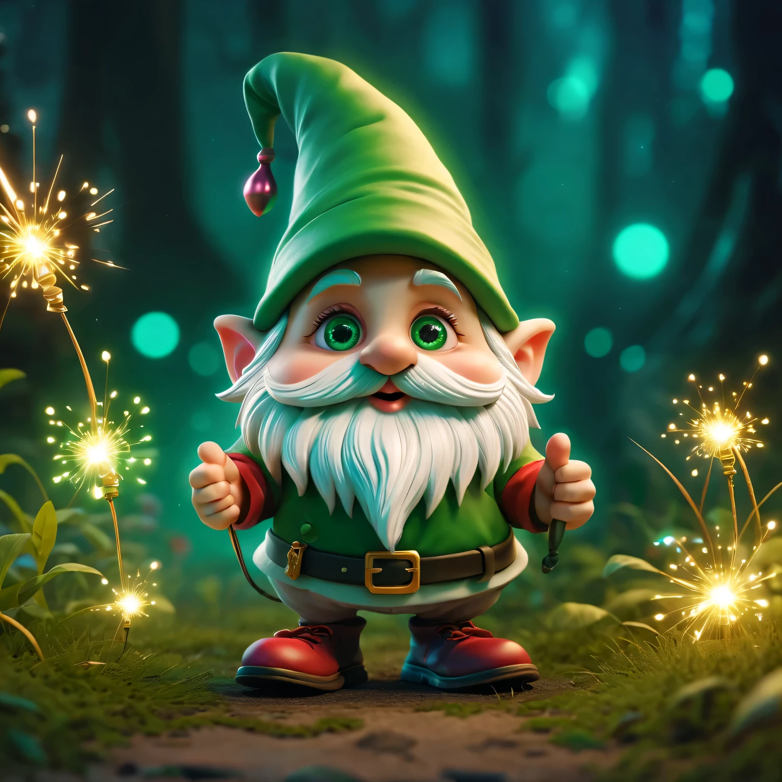 The magical creature looks like a little gnome with a green cap on his head and funny shoes., a magical creature with large expressive eyes and a kind face, there are a lot of little magic sparks around the magical creature, the magical creature is described in great detail, ultra sharp image, 8K