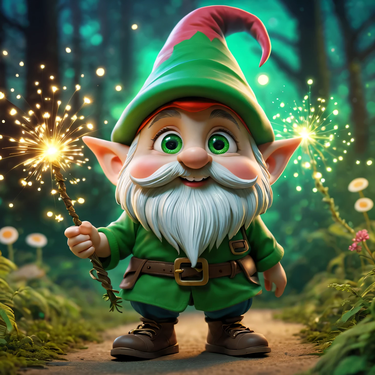 The magical creature looks like a little gnome with a green cap on his head and funny shoes., a magical creature with large expressive eyes and a kind face, there are a lot of little magic sparks around the magical creature, the magical creature is described in great detail, ultra sharp image, 8K