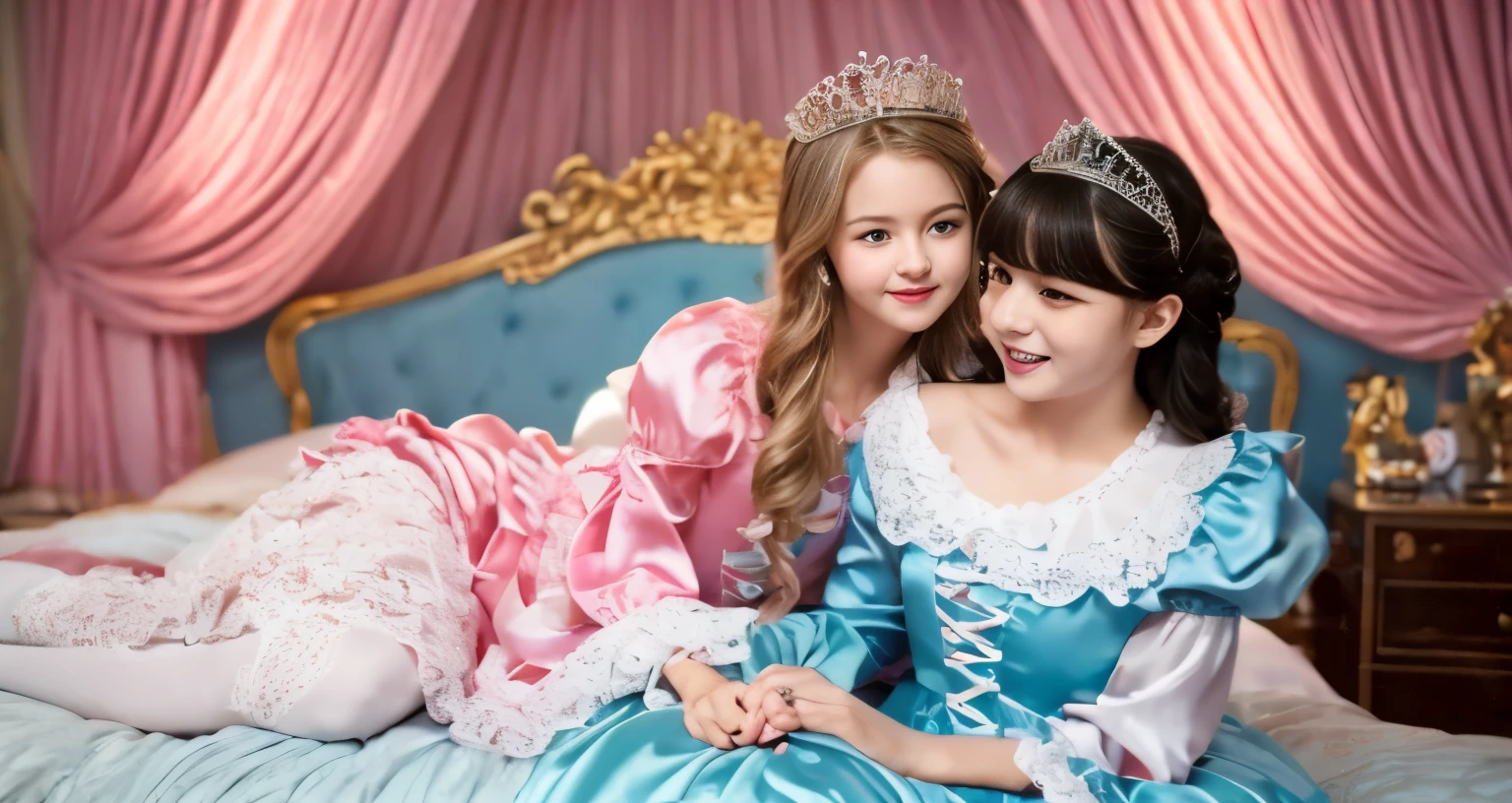 ,highest quality, masterpiece, highest resolution, artwork, super それにget used to it, many get used to it, get used to it, それにget used to it, 3K realistic photos,,((10 years old女の子)),Super detailed baby face,the two girls are princesses,Full length ball gown dress with hoop skirt,ruffled yoke collar,puff sleeves,long sleeve,((Lolita style hot pink detailed princess satin dress、Comes with lots of frills and ribbons。)),colorful rococo fashion,shiny satin dress,Soft and smooth fabric,luxury,long blonde hair,blue eyes,white skin european,pajamas,((inside the palace)),,,(( 10 years old)),Super detailed baby face,Full length ball gown dress with hoop skirt,long skirt,ruffled yoke collar,puff sleeves,腰まで伸びるlong blonde hair,blue eyes,white skin european,pajamas,((inside the palace bedroom)),シルクサテンのluxuryなcanopy bedの上,canopy bed,Luxurious curtains on both sides of the bed,many frilly pillows on the bed,super detailed background,Detailed bed,romantic atmosphere,two little princesses on the bed,Two people hugging each other,((((Both legs are hidden in the dress)))),the dress is spread out on the bed,soft silk satin comforter,soft silk satin ruffled pillow,Beautiful girl illustration,detailed beautiful face detailed hair,detailed human eye ,detailed mouth, arm details,fine hands,Detailed pillow,