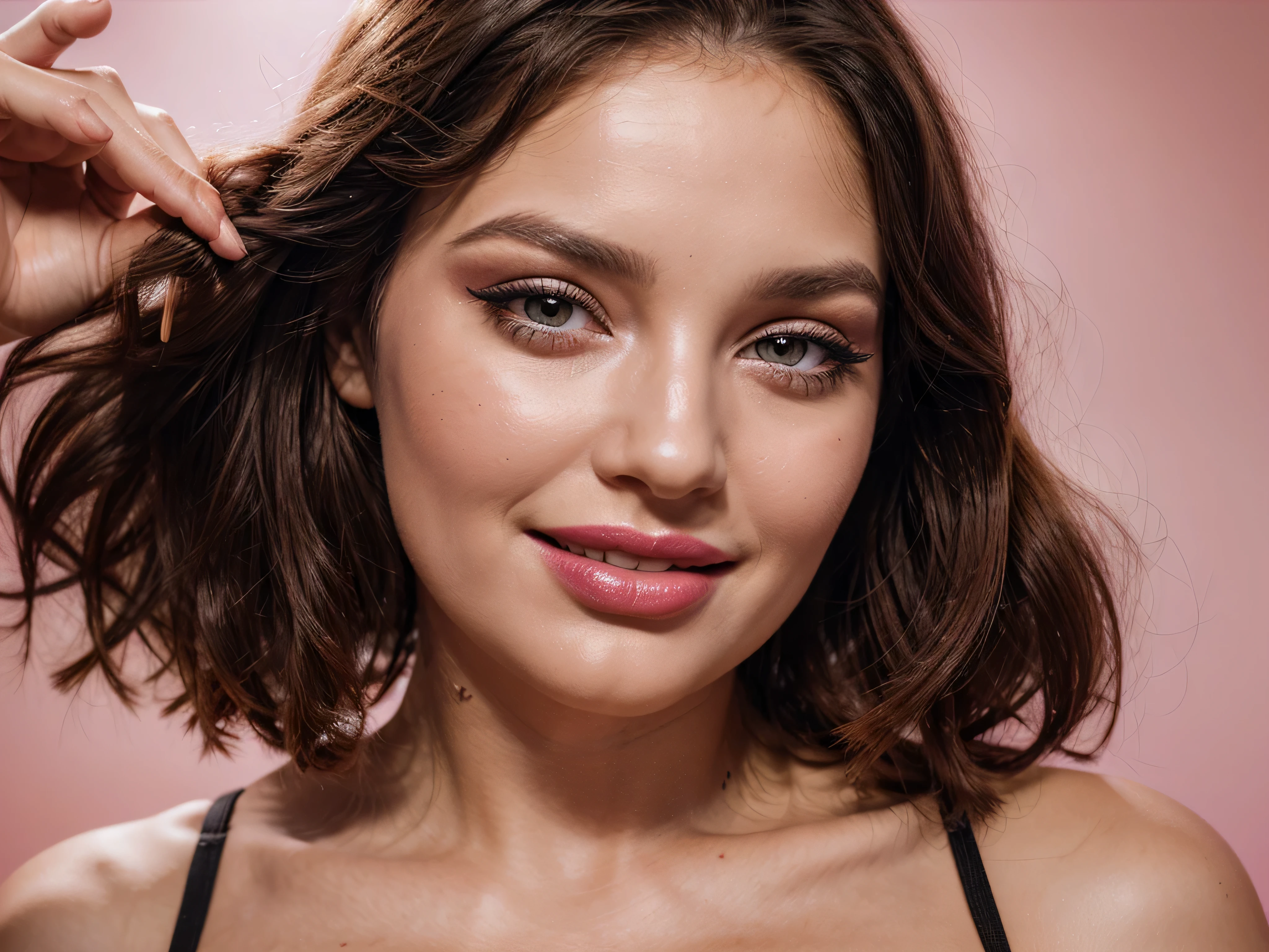 visage gros plan, Femme souriante avec du maquillage, rouge à lèvres, mascara, mannequin, studio de photographie, fond rose clair saturé, Photoréalisme