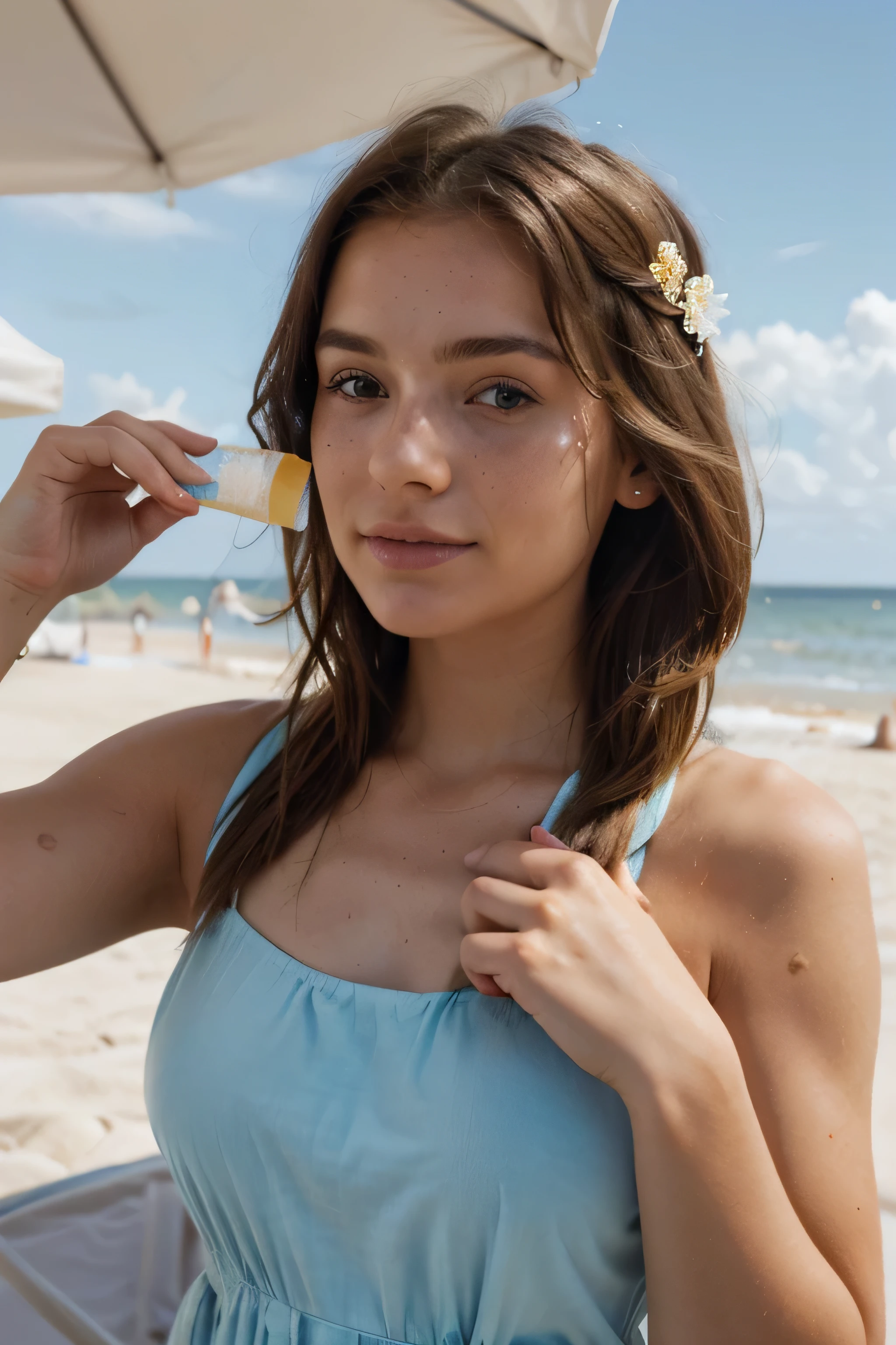 1920*1280 resolution, on the beach, young woman with freckles, holding a tube of sunscreen, close up of face and hands, wearing a casual dress, hair done at a hairdresser
