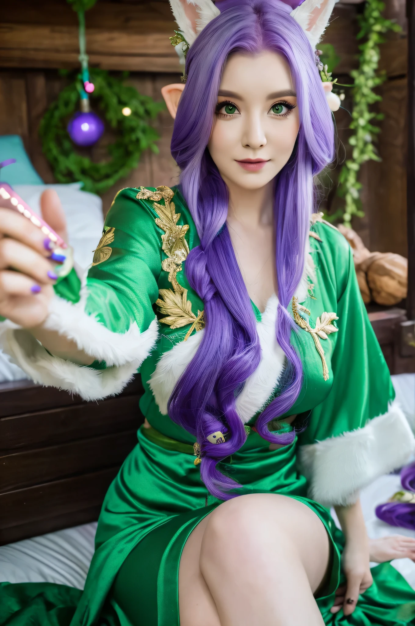 Forest druid, elf , purple hair, green hair, sexy outfit , detailed, 4k, selfie, professional , in bedroom