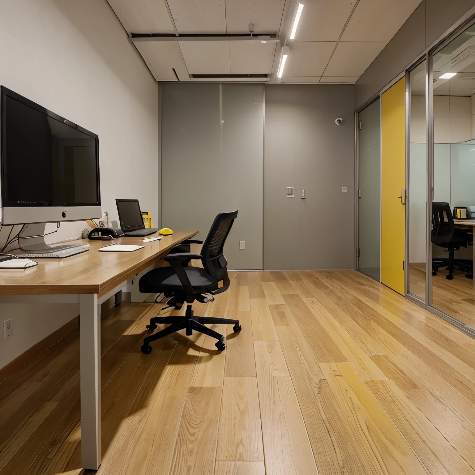 A office setup environment with yellow and grey colour setup woodenflooring and no human