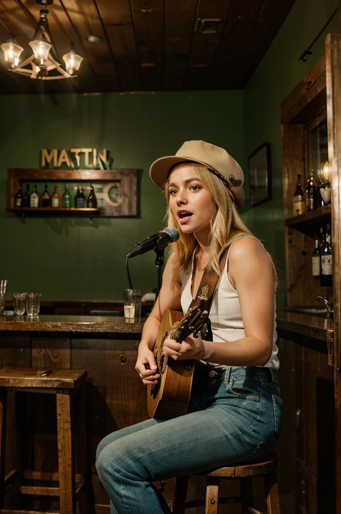 very beautiful blonde, green eyes, 27 years old, singing on a small stage in a bar, playing a martin guitar, and singing into the microphone, at the bar sitting on a stool, wearing country style jeans, wearing a nice hat and high boots, the interior is all made of hardwood, but has modern decor, the main focus is you, it's night but the light is on, professional photography, ultra realistic image, 8k, you've already had a lot to drink let's go babe