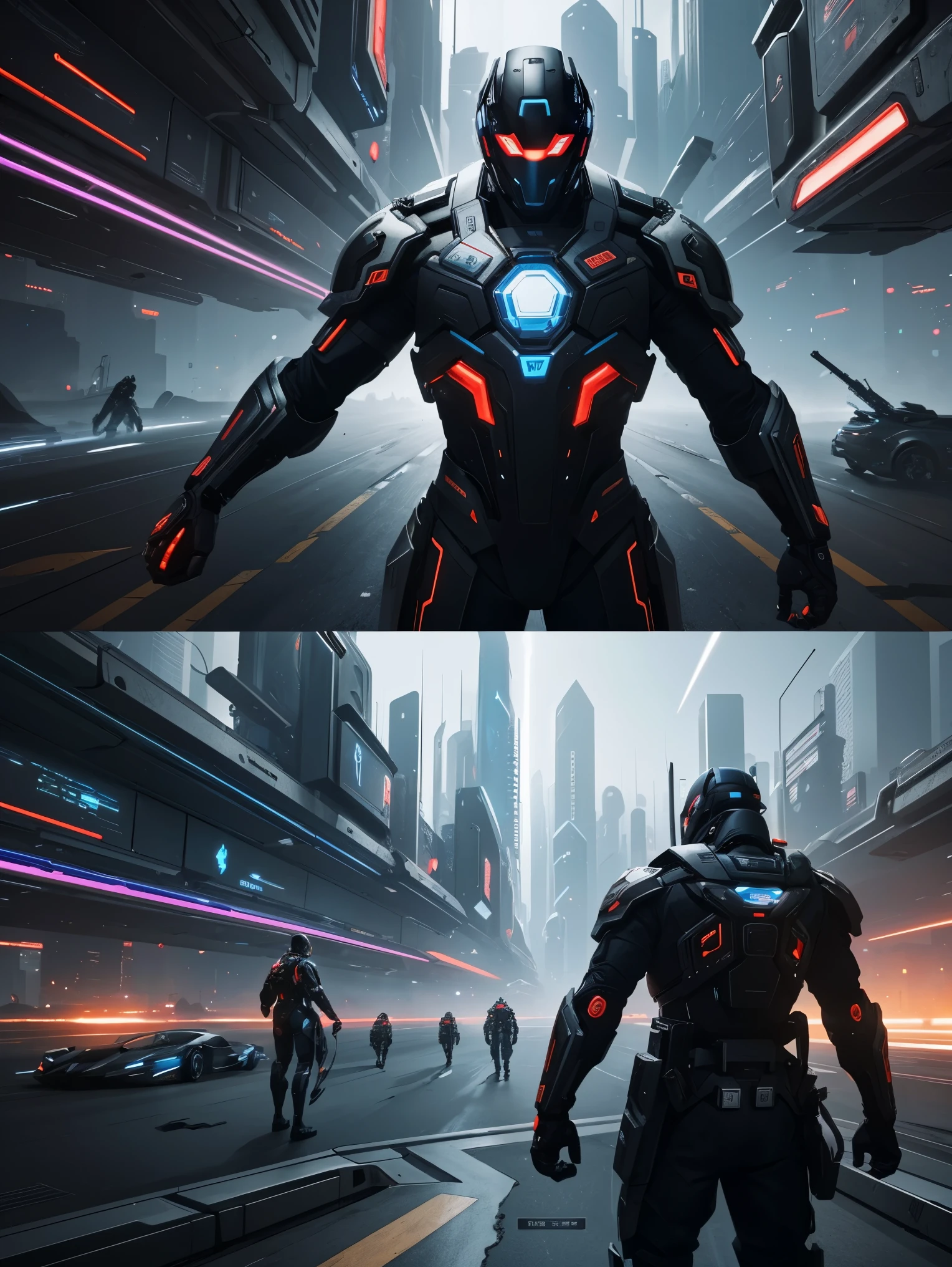 Guvez style cyber-future city, high-quality CG, multiple characters, complex scenes, full of competitive atmosphere, emphasizing futurism and technology, full of color, rich details, tough lines, and desperate expressions of characters