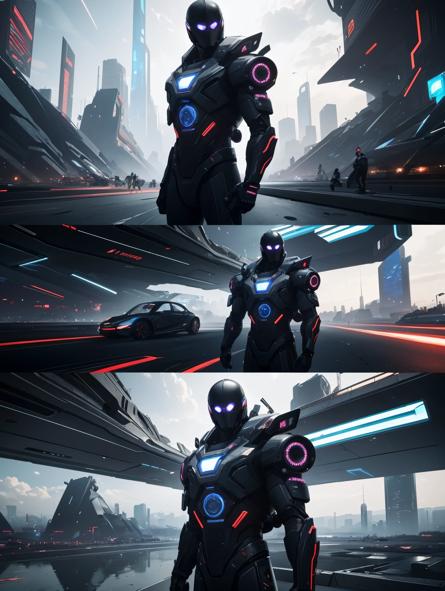 Guvez style cyber-future city, high-quality CG, multiple characters, complex scenes, full of competitive atmosphere, emphasizing futurism and technology, full of color, rich details, tough lines, and desperate expressions of characters