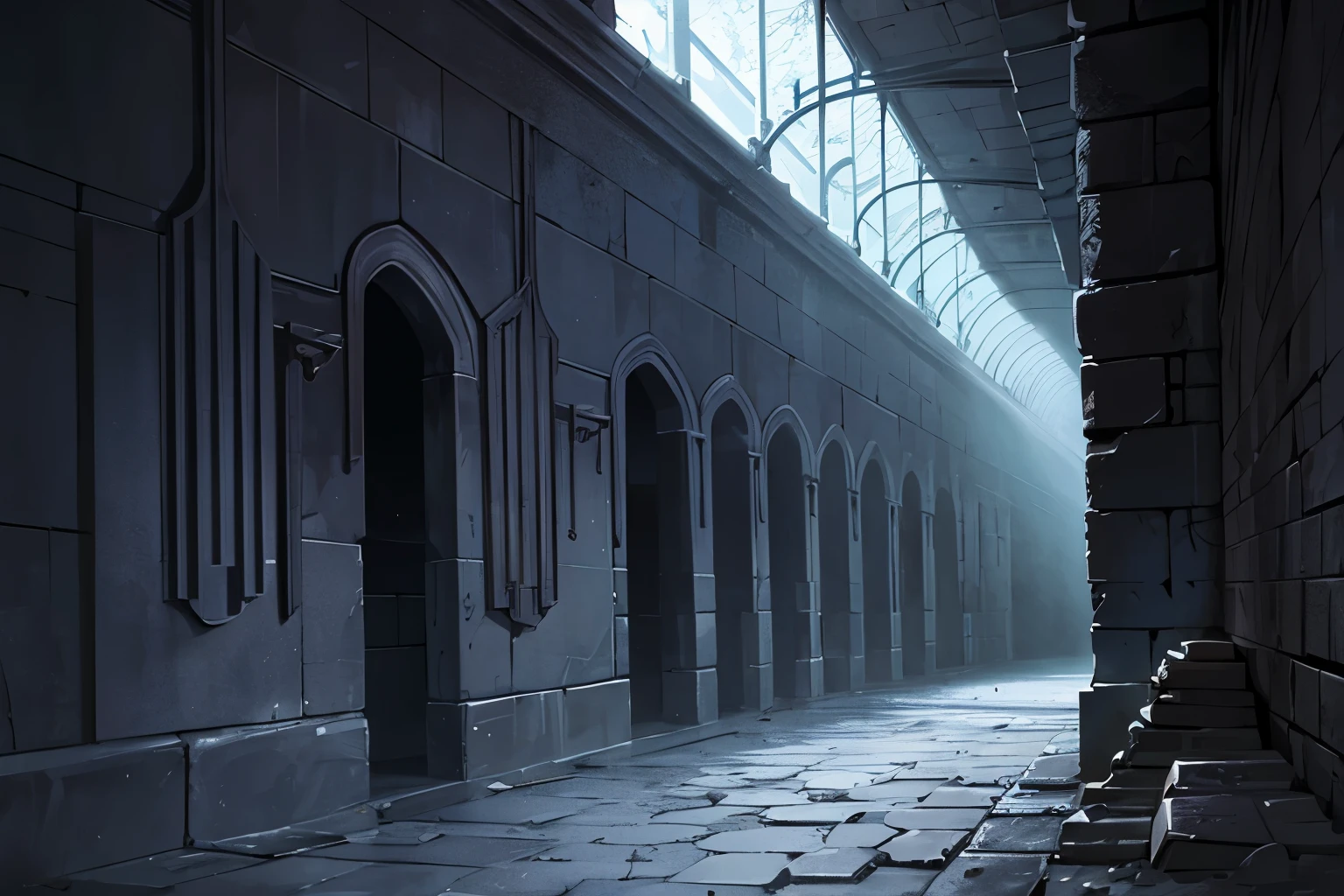 Dungeon corridor, made of stone, dark place, prison, stone, ancient destroyed place, Night, darkest, dark place