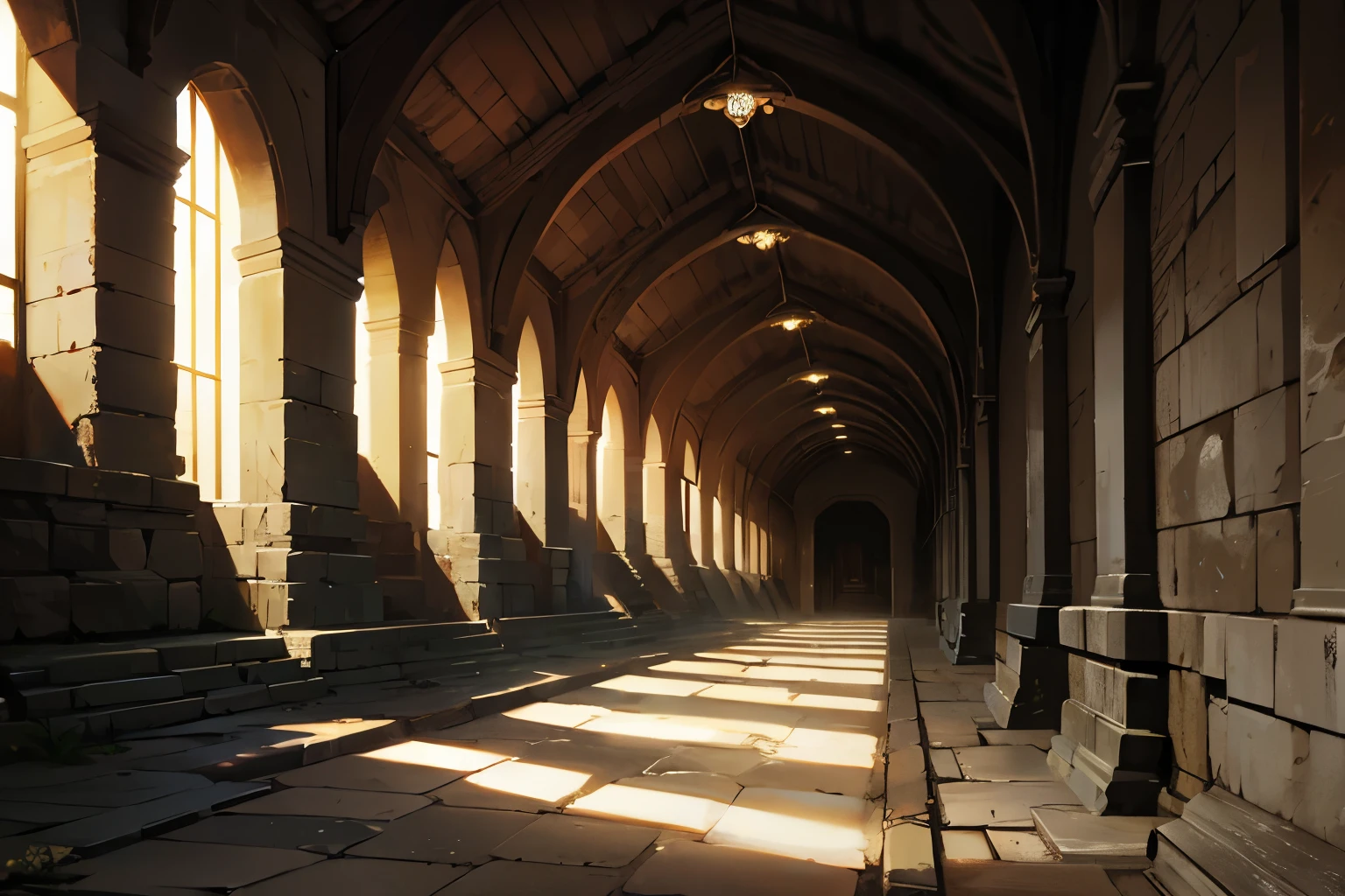 Dungeon corridor, made of stone, dark place, prison, stone, ancient destroyed place