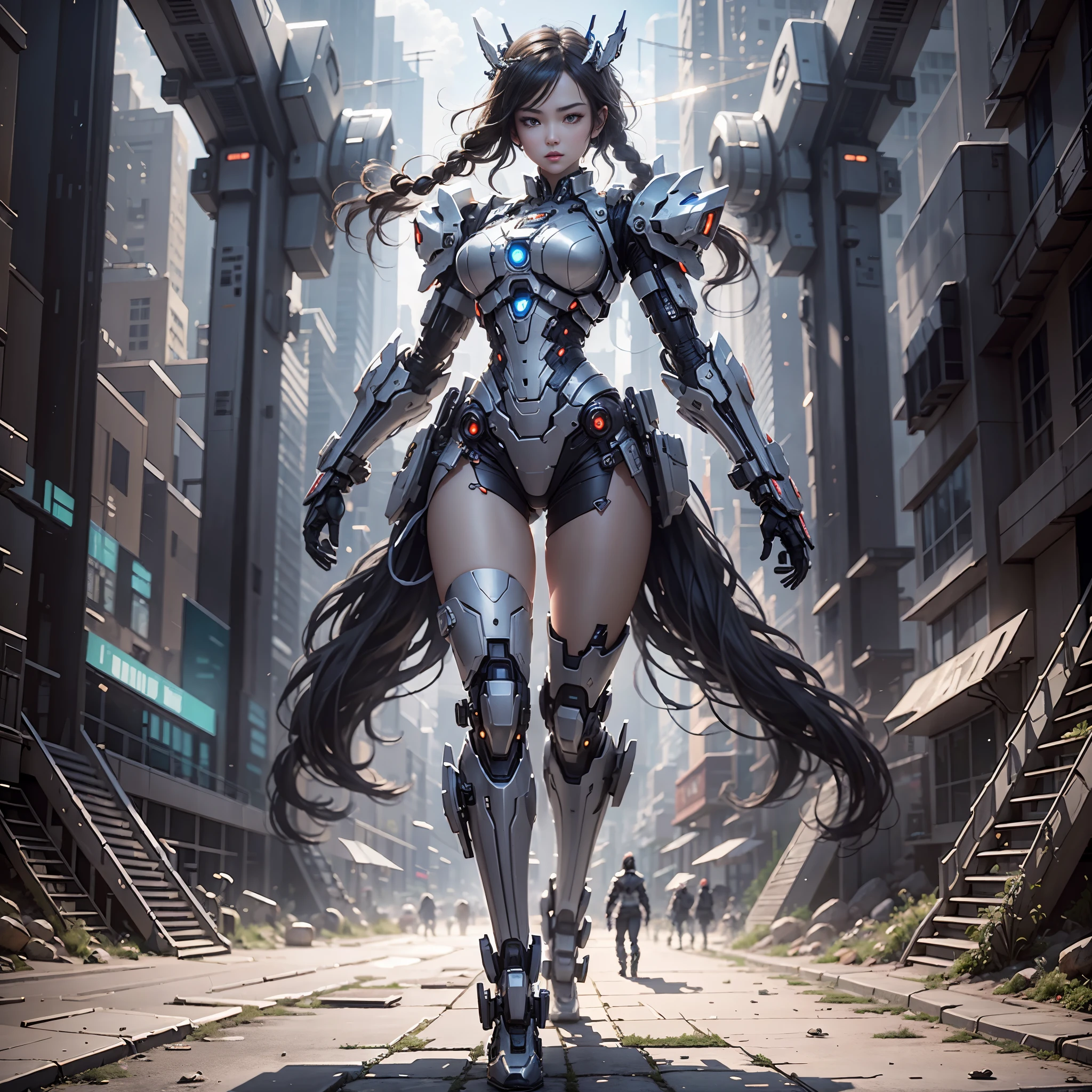 ((Best Quality)), ((Masterpiece)), (Very Detailed: 1.3), 3D, Icaru valkirie-mecha, Beautiful cyberpunk woman wearing crown, with master chef style armor, sci-fi technology, HDR (High Dynamic Range), ray tracing, nvidia RTX, super resolution, unreal 5, subsurface scattering, PBR texture, post-processing, anisotropic filtering, depth of field, maximum sharpness and sharpness, multi-layer texture, Specular and albedo mapping, surface shading, accurate simulation of light-material interactions, perfect proportions, octane rendering, duotone lighting, low ISO, white balance, rule of thirds, wide aperture, 8K RAW, high efficiency subpixels, subpixel convolution, light particles, light scattering, Tyndall effect, very sexy, full body, battle pose, black hair with braids,