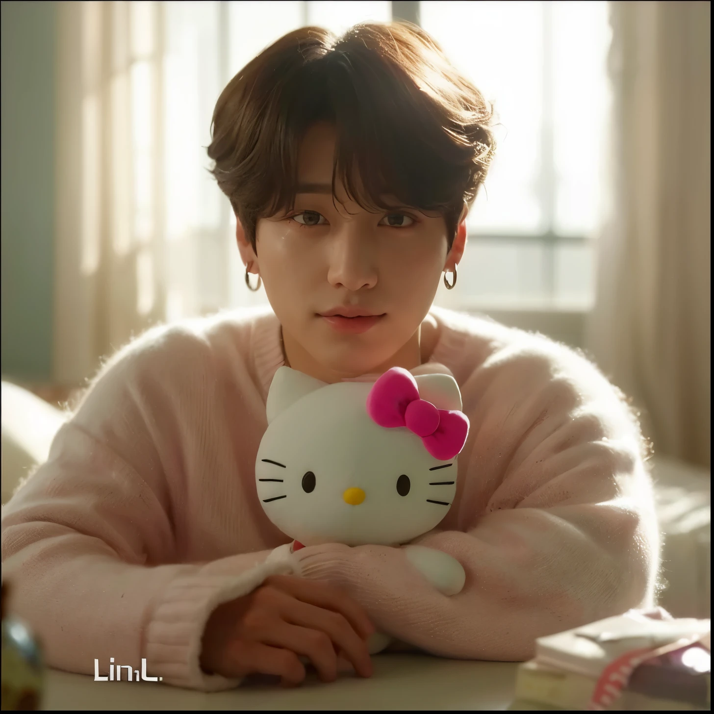 Jeongguk, Jungkook, bts, JK idol, bts jeon jungkook, olhos amendoados, Pink lips, cabelos castanhos, clinging to a Hello Kitty plush.
