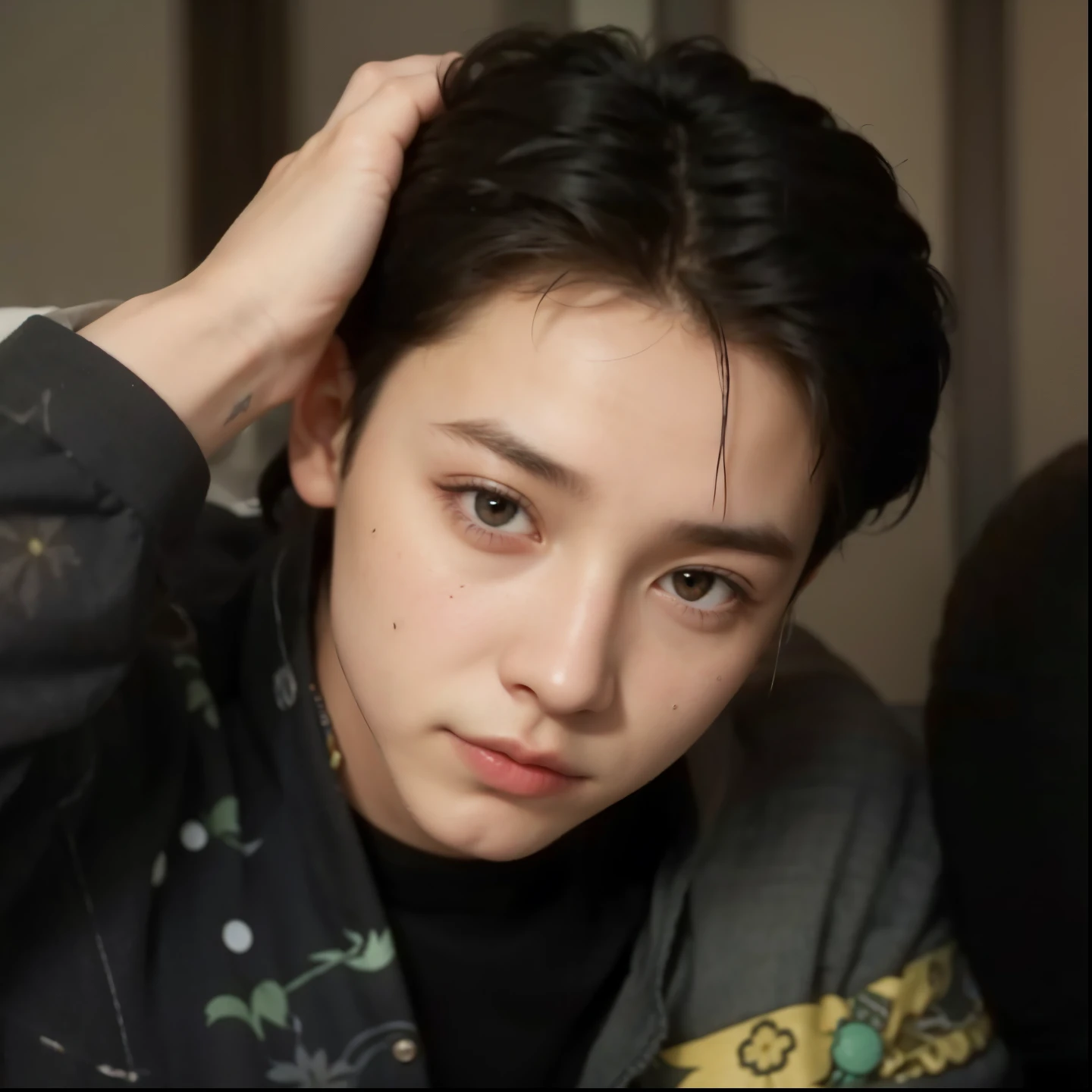 Un primer plano de una persona con un tatuaje en el brazo, jungkook, con el mismo peinado, jeon jungkook ,Jeon jungkook , con su largo cabello negro, brillante por la lluvia, jungkook, El chico tiene el pelo negro corto., Tiene una forma de cabeza alargada, he is about 20 years old, he is about 2 0 years old