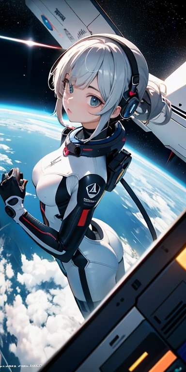 absurd res, high res, (masterpiece:1.4), ultra-detailed, 1girl, plugsuit,from above, space, floating