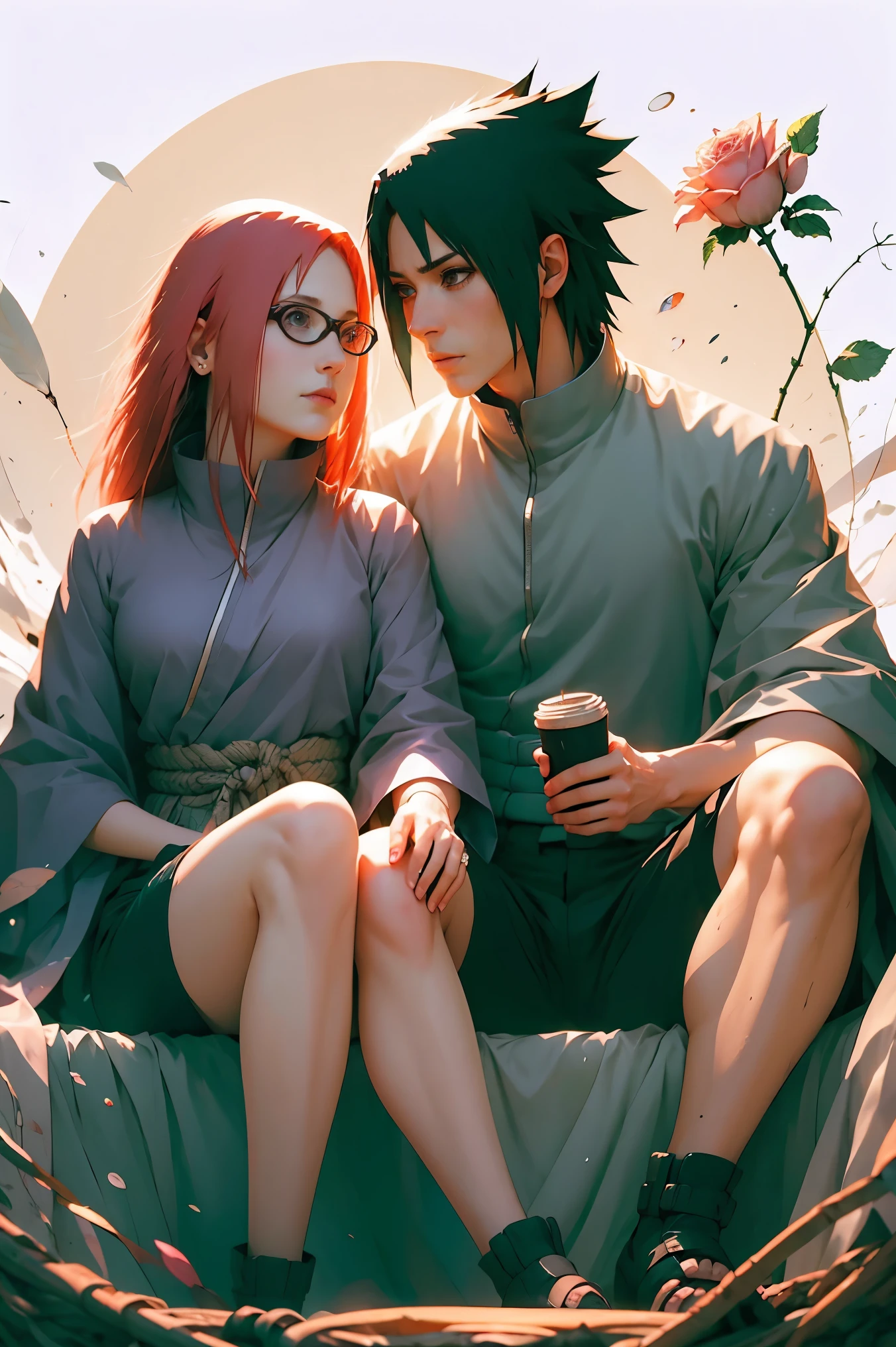 Romantic couple kissing in the wind，anatomy correct, Delicate pattern，Oriental elements，Ink painting style, Clean colors,Pink rose space, Soft lighting, ( Bokeh)，Masterpiece, Super detailed, Epic composition, Highest quality, 8K，1boy ( Sasuke uchiha with onyx spikes in a dark blue outfit, hot) 1girl (Karin Uzumaki: glasses beautiful face, with beautiful dark red hair, red eyes, in a purple outfit., black short shorts, black heels