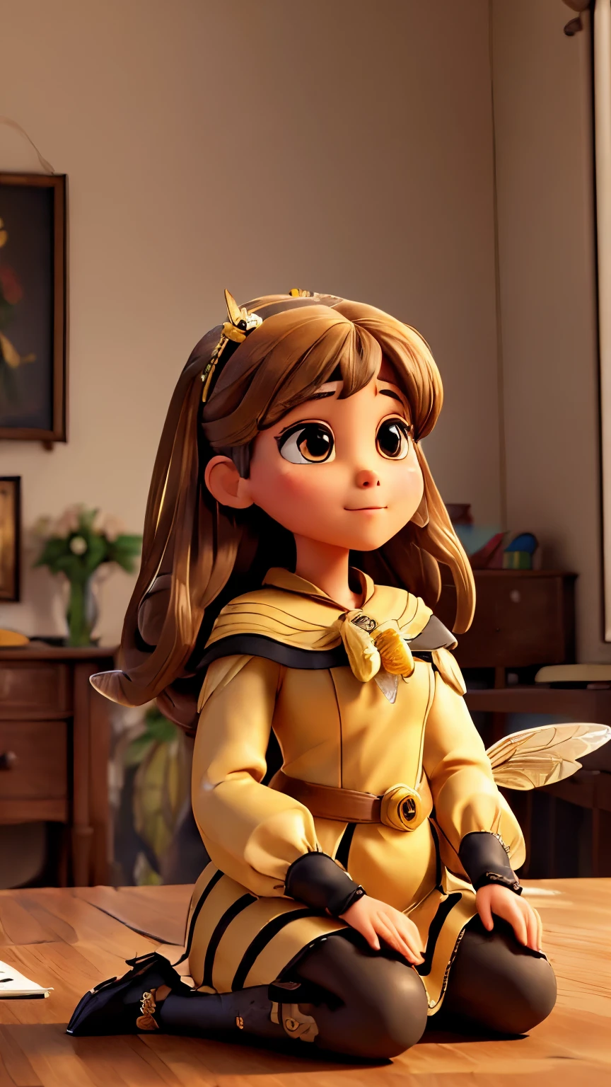 (((masterpiece))), best quality, illustration, (beautiful detailed bee), sitting bee solo, beautiful detailed cold face. She has large bee wings on her back. She is dressed in a beautiful honey-colored dress with wide black stripes. the whole figure is behind the desk