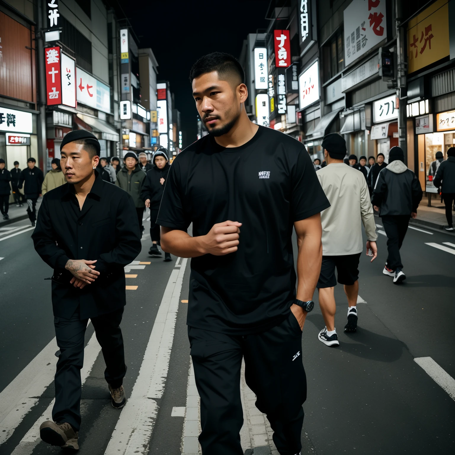 there are two men walking down the street in the city, in the streets of tokyo, wearing japanese techwear, outlive streetwear collection, in a tokyo street, japanese streetwear, in tokio, in neo tokyo, on the streets, tokyo street, techwear, tokio, techwear look and clothes, techwear fashion, techwear clothes, street samurai