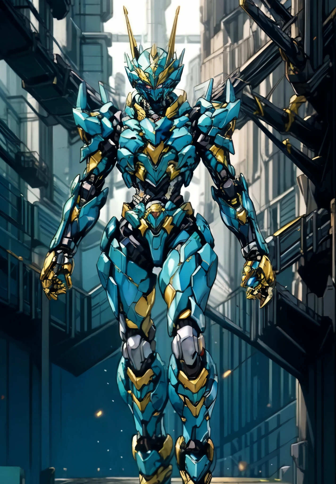 A woman adorned in fantasy-style full-body armor, a crown-concept fully enclosed helmet that unveils only her eyes, a composite layered chest plate, fully encompassing shoulder and hand guards, a lightweight waist armor, form-fitting shin guards, the overall design is heavy-duty yet flexible, the armor gleams with a golden glow, complemented by red and blue accents, exhibiting a noble aura, she floats above a fantasy-surreal high-tech city, this character embodies a finely crafted fantasy-surreal style armored hero in anime style, exquisite and mature manga art style, goddess, femminine, long legs, metallic, elegant, high definition, best quality, highres, ultra-detailed, ultra-fine painting, extremely delicate, professional, anatomically correct, symmetrical face, extremely detailed eyes and face, high quality eyes, creativity, RAW photo, UHD, 32k, Natural light, cinematic lighting, masterpiece-anatomy-perfect, masterpiece:1.5
