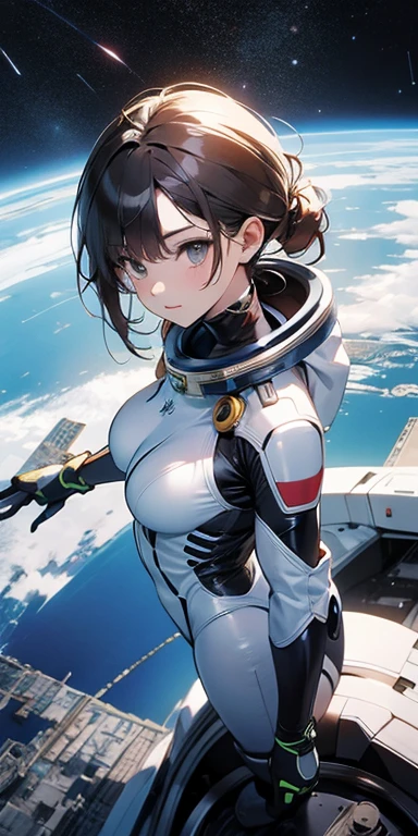 absurd res, high res, (masterpiece:1.4), ultra-detailed, 1girl, plugsuit,from above, space, floating