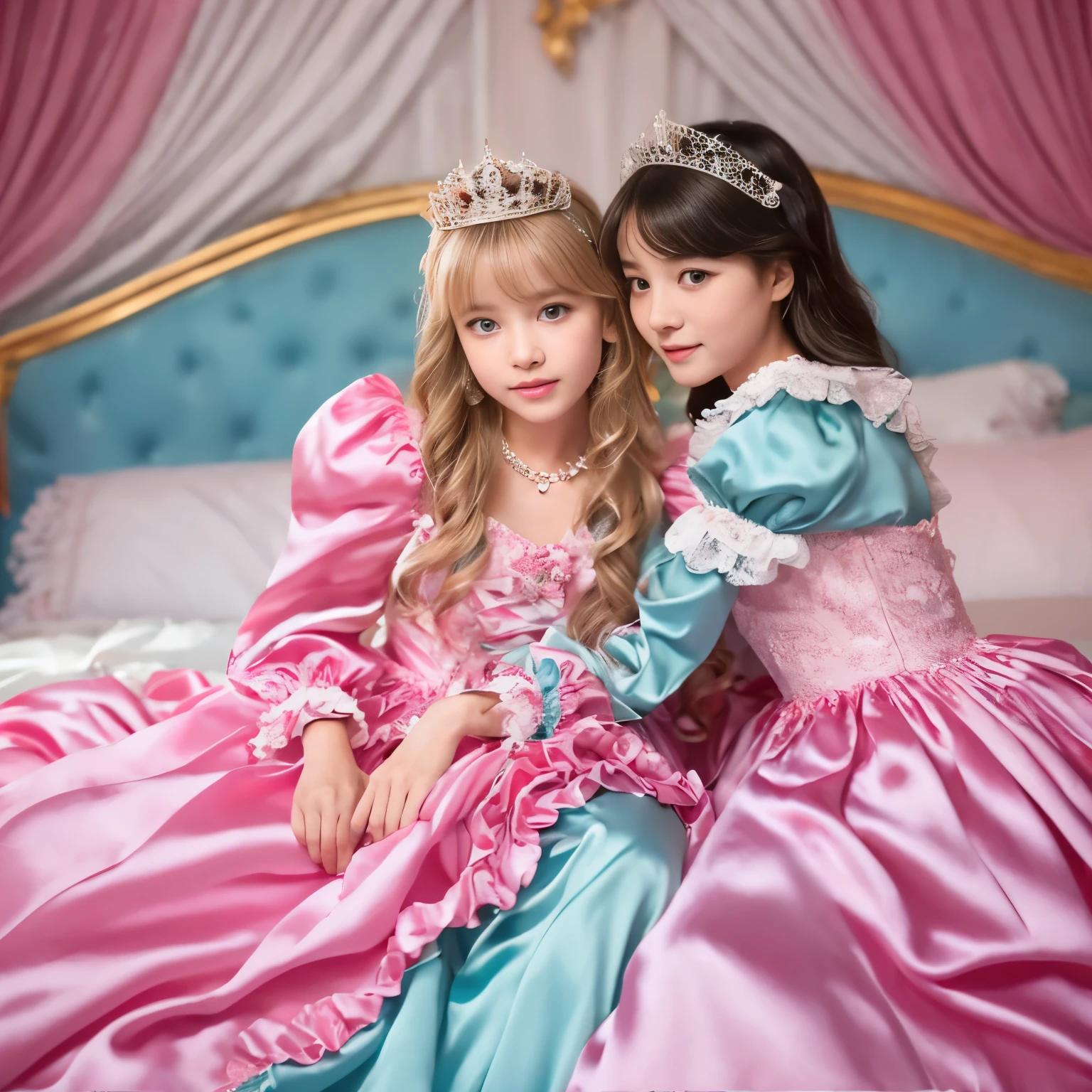 ,highest quality, masterpiece, highest resolution, artwork, super それにget used to it, many get used to it, get used to it, それにget used to it, 3K realistic photos,,((女の子)),Super detailed baby face,the two girls are princesses,Full length ball gown dress with hoop skirt,ruffle yoke collar,puff sleeves,long sleeve,((Lolita style pink detailed princess satin dress、Comes with lots of frills and ribbons。)),colorful rococo fashion,shiny satin dress,Soft and smooth fabric,luxury,long blonde hair,blue eyes,white skin european,pajamas,((inside the palace)),,,(( 10 years old)),Sd baby face,Full length ball gown dress with hoop skirt,long skirt,ruffle yoke collar,puff sleeves,腰まで伸びるlong blonde hair,blue eyes,white skin european,pajamas,((inside the palace bedroom)),シルクサテンのluxuryなcanopy bedの上,canopy bed,Luxurious curtains on both sides of the bed,many frilly pillows on the bed,super detailed background,Detailed bed,romantic atmosphere,two little princesses on the bed,Two people hugging each other,((((Both legs are hidden in the dress)))),the dress is spread out on the bed,pastel colored silk satin bed sheets,soft silk satin comforter,Soft silk satin ruffled pillow in pastel colors,Beautiful girl illustration,detailed beautiful face detailed hair,detailed human eye ,detailed mouth, arm details,fine hands,Detailed pillow,