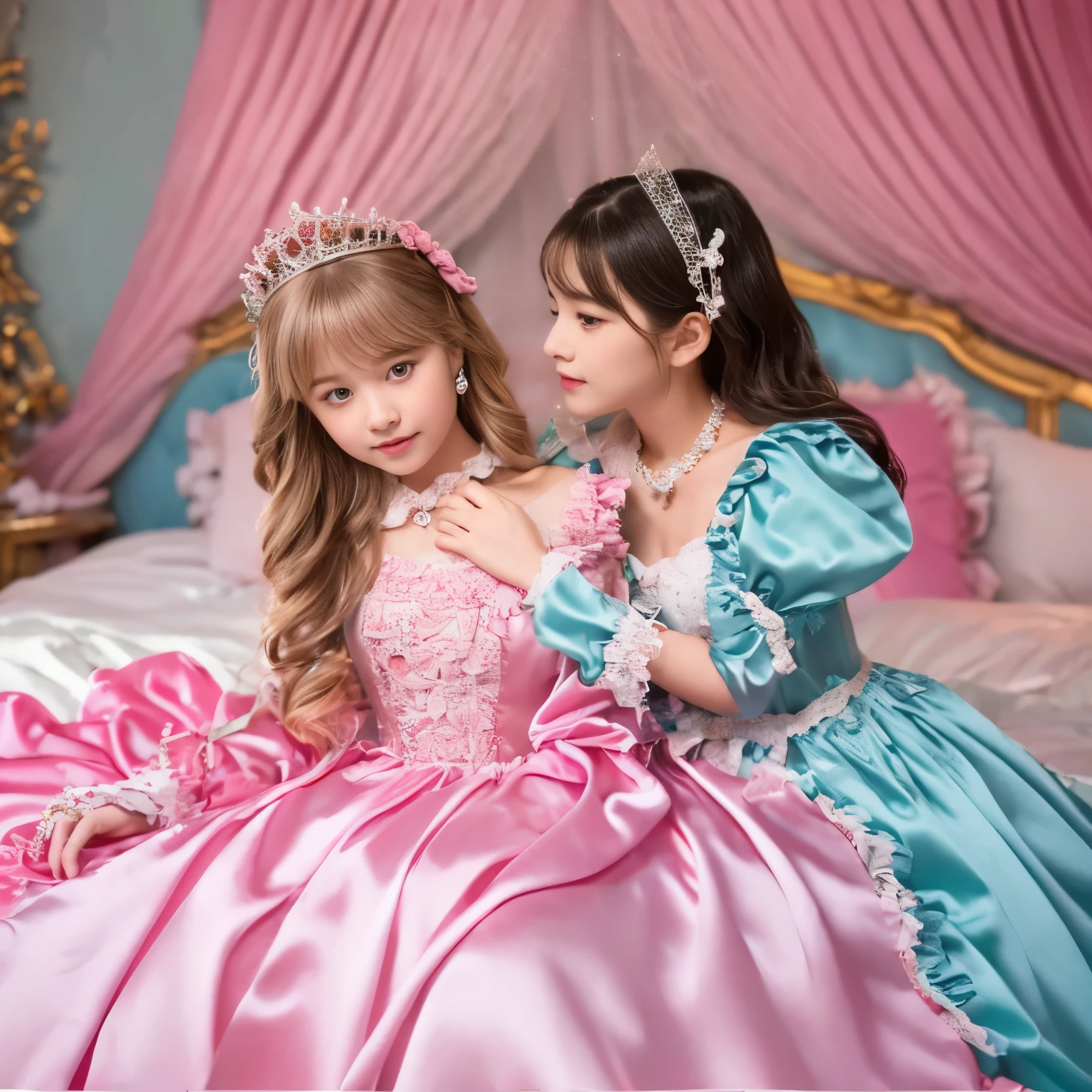 ,highest quality, masterpiece, highest resolution, artwork, super それにget used to it, many get used to it, get used to it, それにget used to it, 3K realistic photos,,((女の子)),Super detailed baby face,the two girls are princesses,Full length ball gown dress with hoop skirt,ruffle yoke collar,puff sleeves,long sleeve,((Lolita style pink detailed princess satin dress、Comes with lots of frills and ribbons。)),colorful rococo fashion,shiny satin dress,Soft and smooth fabric,luxury,long blonde hair,blue eyes,white skin european,pajamas,((inside the palace)),,,(( 10 years old)),Sd baby face,Full length ball gown dress with hoop skirt,long skirt,ruffle yoke collar,puff sleeves,腰まで伸びるlong blonde hair,blue eyes,white skin european,pajamas,((inside the palace bedroom)),シルクサテンのluxuryなcanopy bedの上,canopy bed,Luxurious curtains on both sides of the bed,many frilly pillows on the bed,super detailed background,Detailed bed,romantic atmosphere,two little princesses on the bed,Two people hugging each other,((((Both legs are hidden in the dress)))),the dress is spread out on the bed,pastel colored silk satin bed sheets,soft silk satin comforter,Soft silk satin ruffled pillow in pastel colors,Beautiful girl illustration,detailed beautiful face detailed hair,detailed human eye ,detailed mouth, arm details,fine hands,Detailed pillow,