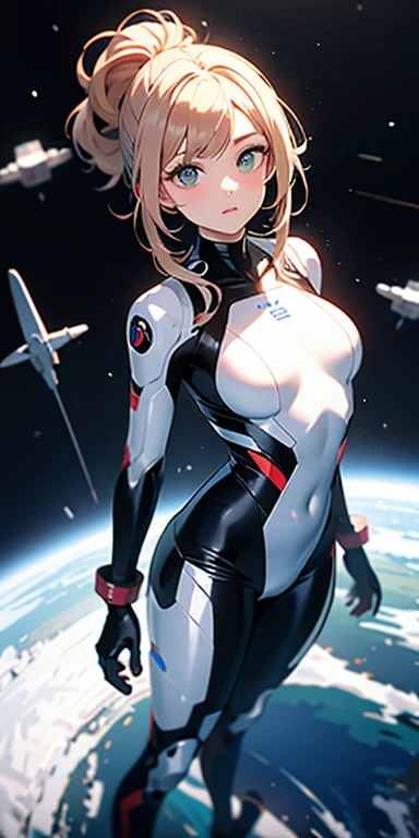 absurd res, high res, (masterpiece:1.4), ultra-detailed, 1girl, plugsuit,from above, space, floating