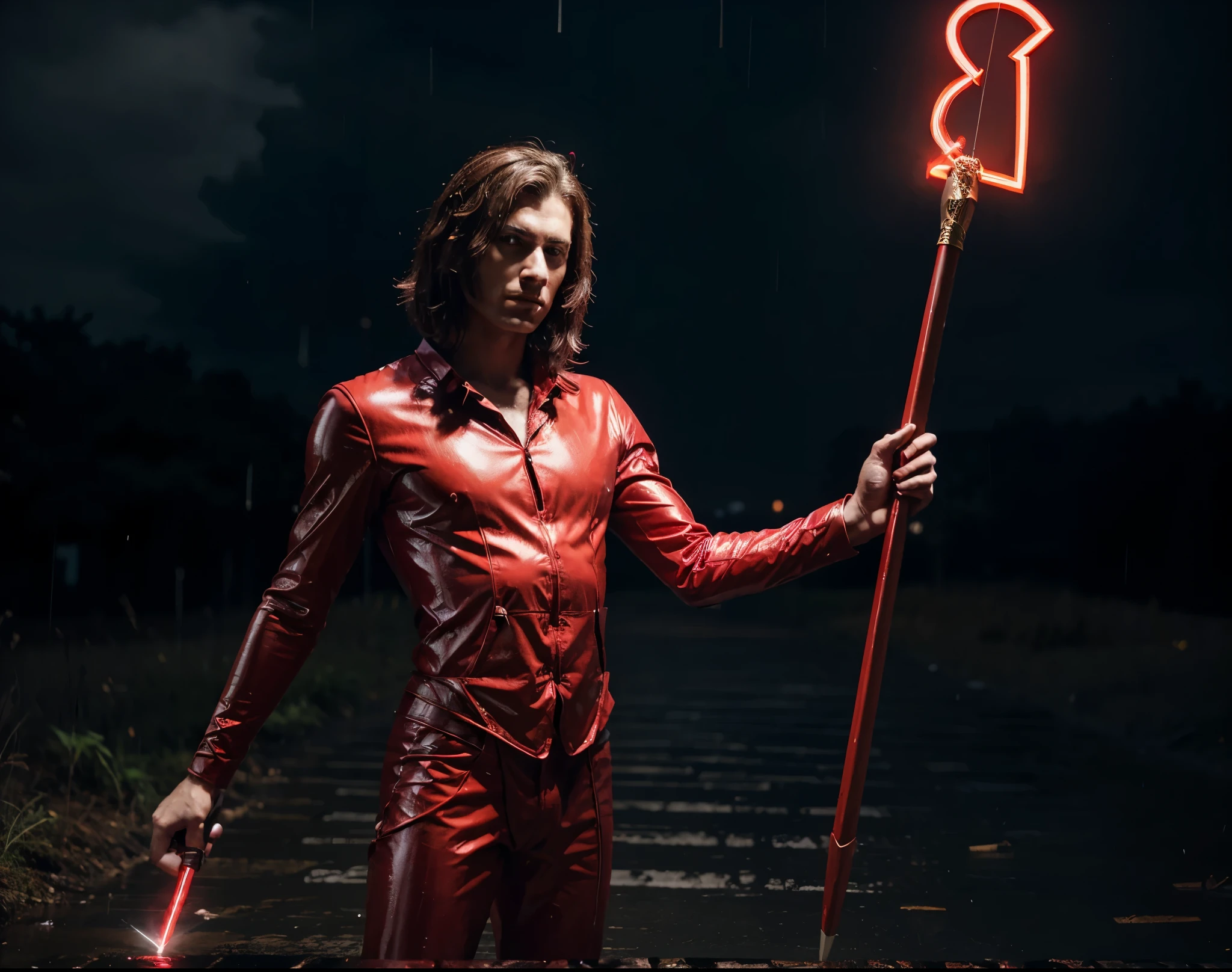 Generate me a Riddle Man with a scepter in his hand , He's in a red suit with the Question neon form scepter make it in the rain but more misteryous