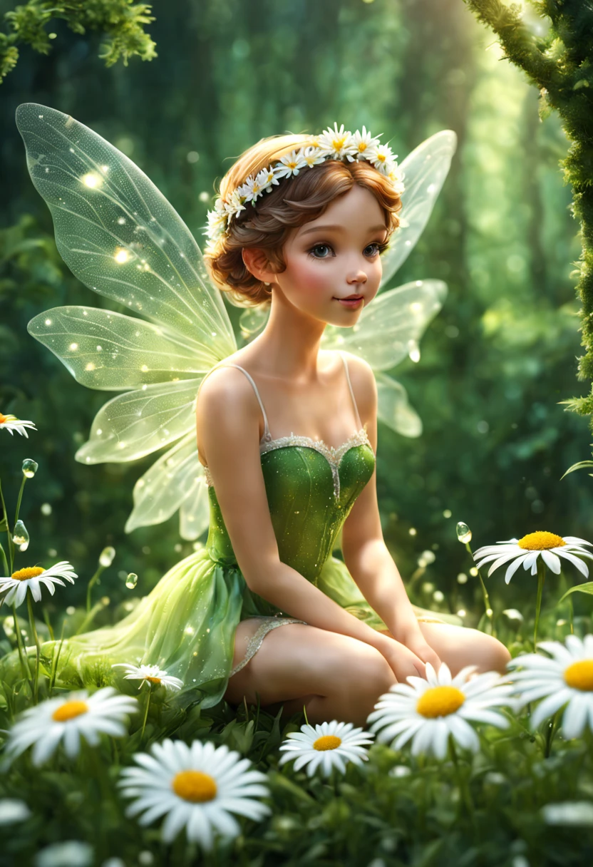 (best quality,4k,8k,highres,masterpiece:1.2),ultra-detailed,realistic,fairy sitting on the petals of a white daisy,delicate fairy wings,glowing fairy dust,soft and ethereal,shimmering sunlight,enchanted garden,sparkling dewdrops,whimsical expression,fairy's magical wand,tiny floral crown,vibrant green grass,majestic tall trees,gentle breeze,subtle warm tones,sublime illumination