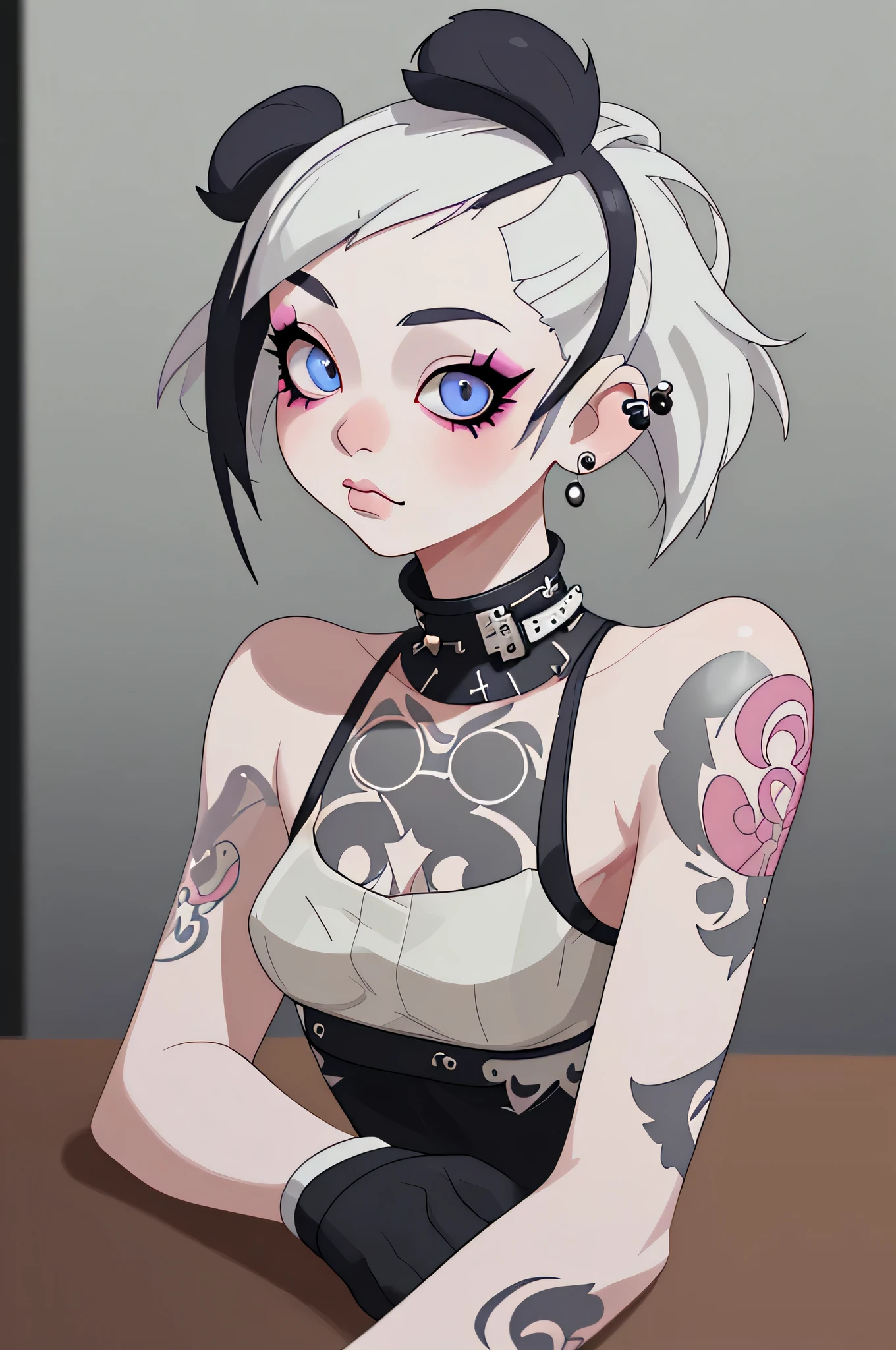 Los consejos para el primer tema son los siguientes.: calidad, 8k, 32k, En una mesa:1.3), ultra-detallado, (de modo realista:1.4), colores blancos, albinismo, Chica punk, ojos detallados, parte superior del cuerpo, Peinado punk lujoso, Moda punk de vanguardia, Maquillaje vanguardista, Numerosos piercings, hay muchos tatuajes, fondo de calles, Backlight effect, shallowdepthoffield, fondo vago"