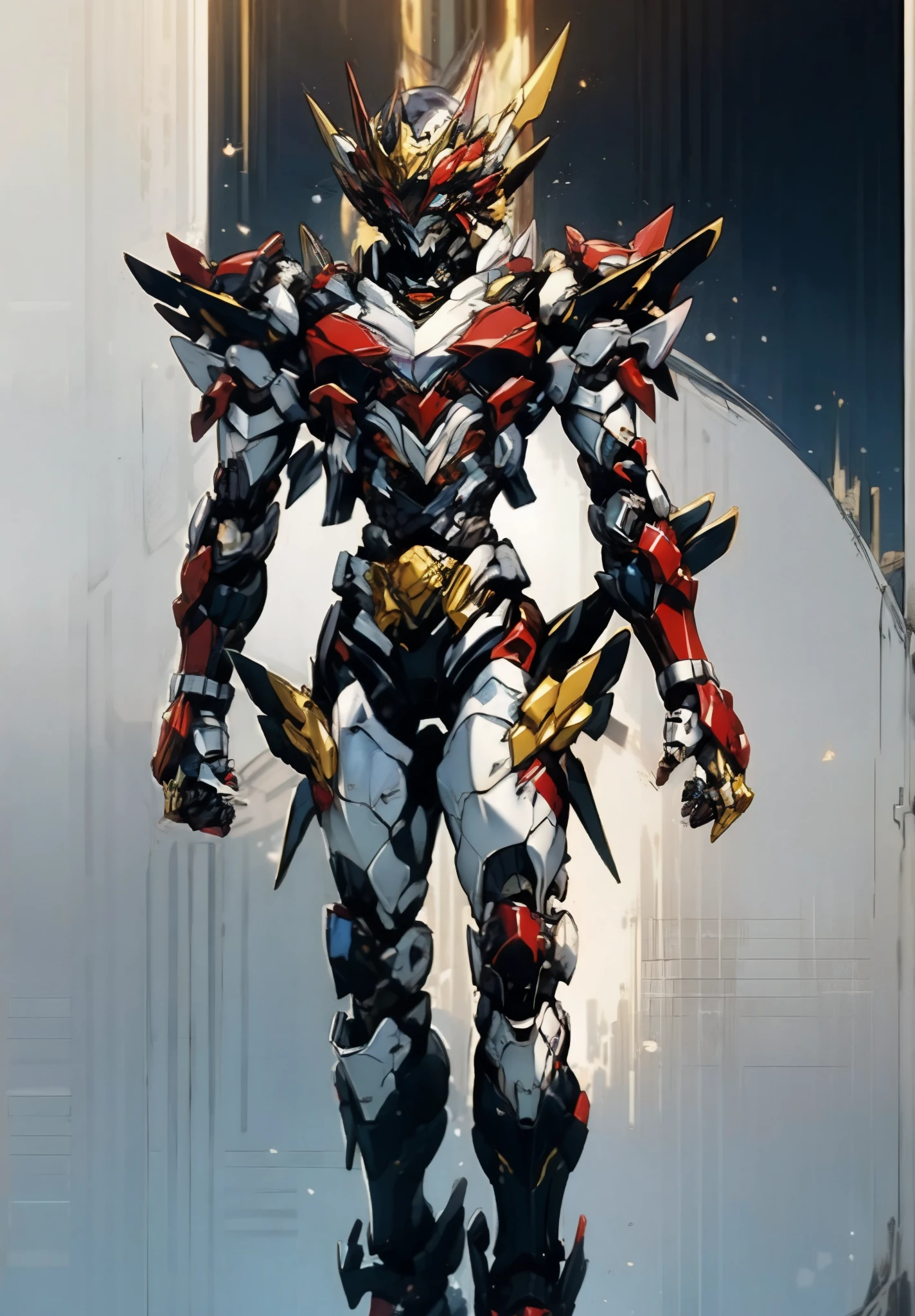 A woman adorned in fantasy-style full-body armor, a crown-concept fully enclosed helmet that unveils only her eyes, a composite layered chest plate, fully encompassing shoulder and hand guards, a lightweight waist armor, form-fitting shin guards, the overall design is heavy-duty yet flexible, the armor gleams with a golden glow, complemented by red and blue accents, exhibiting a noble aura, she floats above a fantasy-surreal high-tech city, this character embodies a finely crafted fantasy-surreal style armored hero in anime style, exquisite and mature manga art style, goddess, femminine, long legs, metallic, elegant, high definition, best quality, highres, ultra-detailed, ultra-fine painting, extremely delicate, professional, anatomically correct, symmetrical face, extremely detailed eyes and face, high quality eyes, creativity, RAW photo, UHD, 32k, Natural light, cinematic lighting, masterpiece-anatomy-perfect, masterpiece:1.5