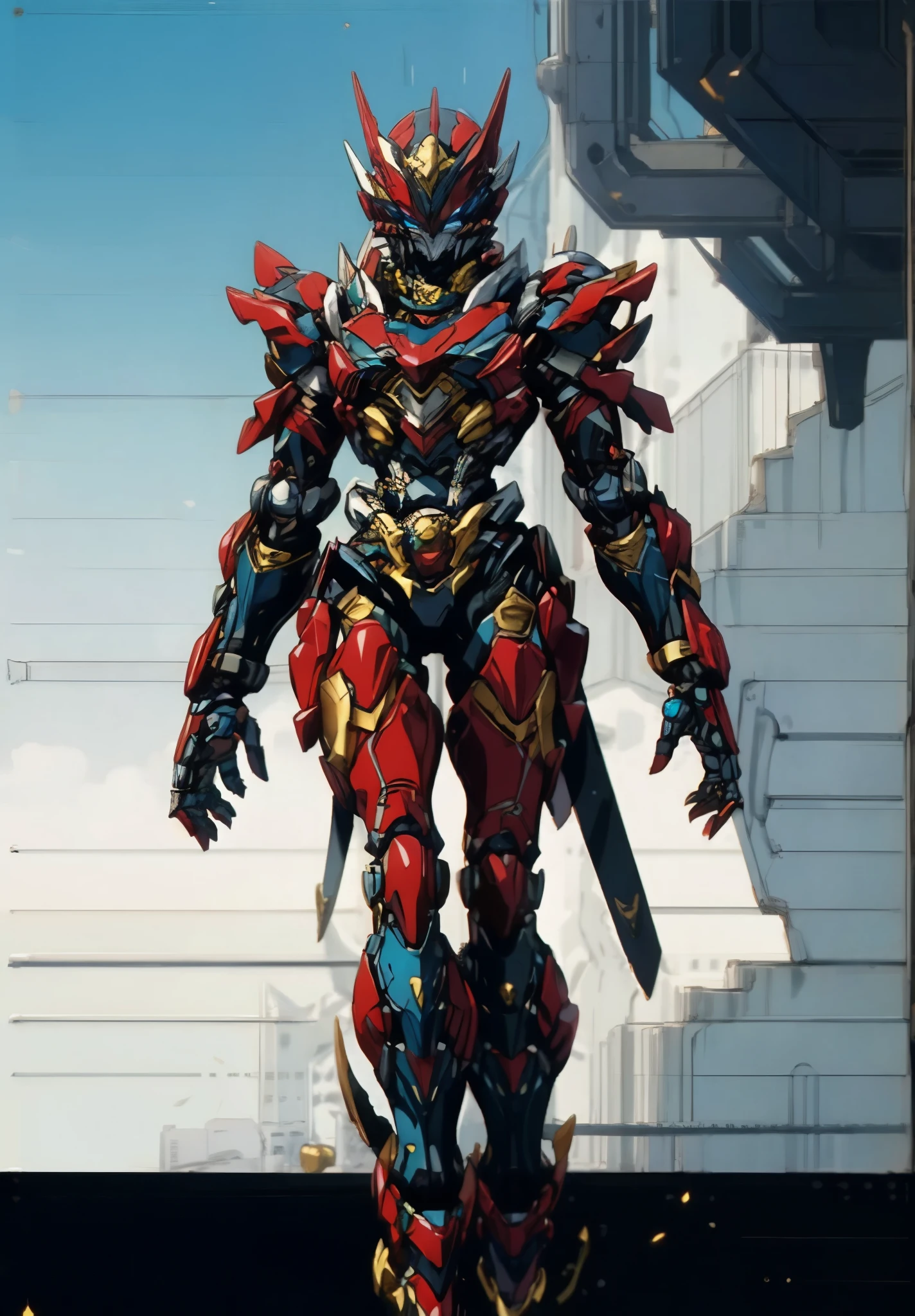A woman adorned in fantasy-style full-body armor, a crown-concept fully enclosed helmet that unveils only her eyes, a composite layered chest plate, fully encompassing shoulder and hand guards, a lightweight waist armor, form-fitting shin guards, the overall design is heavy-duty yet flexible, the armor gleams with a golden glow, complemented by red and blue accents, exhibiting a noble aura, she floats above a fantasy-surreal high-tech city, this character embodies a finely crafted fantasy-surreal style armored hero in anime style, exquisite and mature manga art style, goddess, femminine, long legs, metallic, elegant, high definition, best quality, highres, ultra-detailed, ultra-fine painting, extremely delicate, professional, anatomically correct, symmetrical face, extremely detailed eyes and face, high quality eyes, creativity, RAW photo, UHD, 32k, Natural light, cinematic lighting, masterpiece-anatomy-perfect, masterpiece:1.5