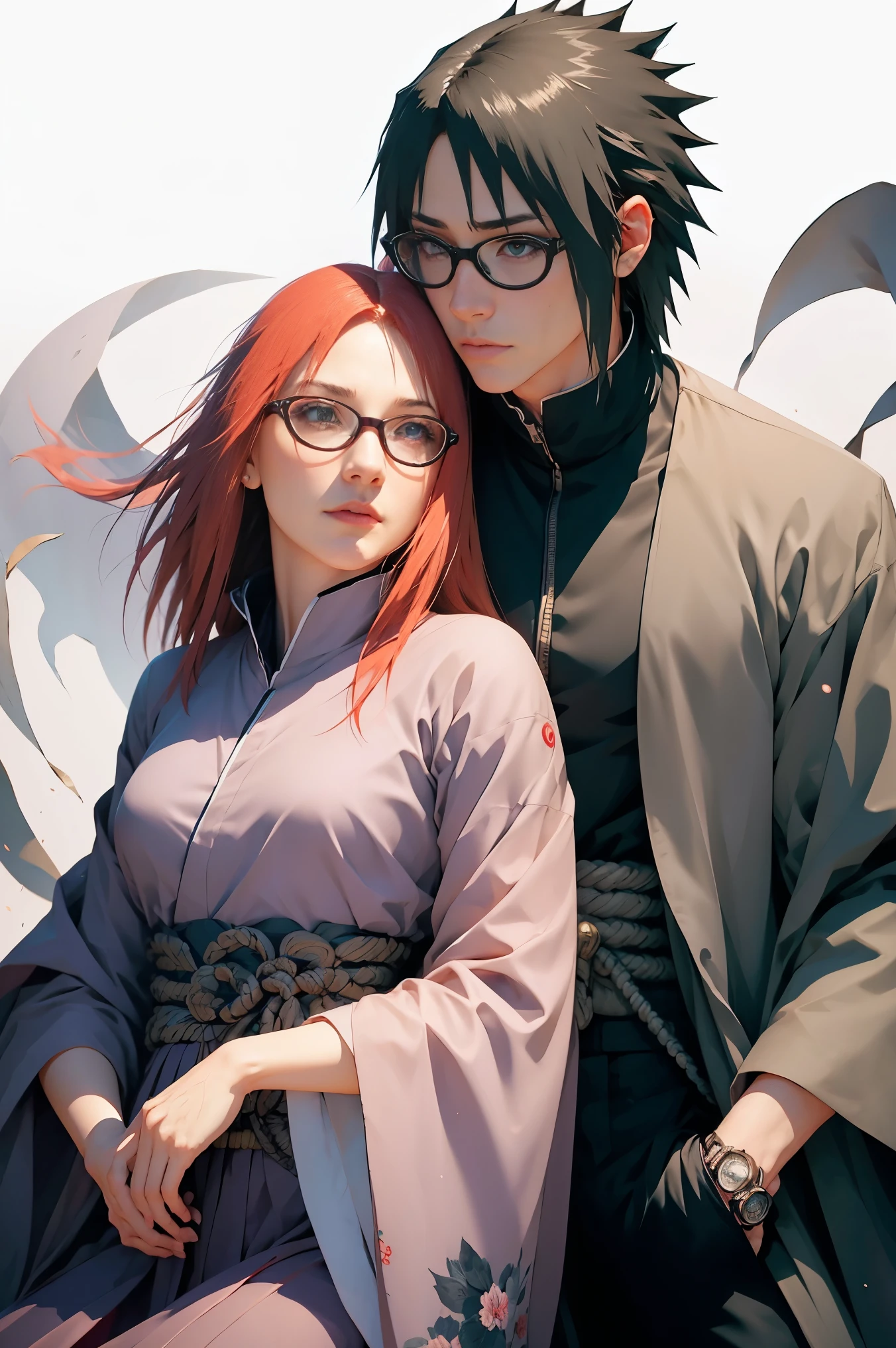,1 moon,Romantic couple kissing in the wind,anatomy correct, Delicate pattern,Oriental elements,Ink painting style, Clean colors, red scarletspace, Soft lighting, ( Bokeh),Masterpiece, Super detailed, Epic composition, Highest quality, 8K,1boy ( Sasuke uchiha with onyx spikes in a dark blue outfit, 1girl (Karin Uzumaki beautiful face, with beautiful dark red hair, red eyes, glasses, in a purple outfit.)