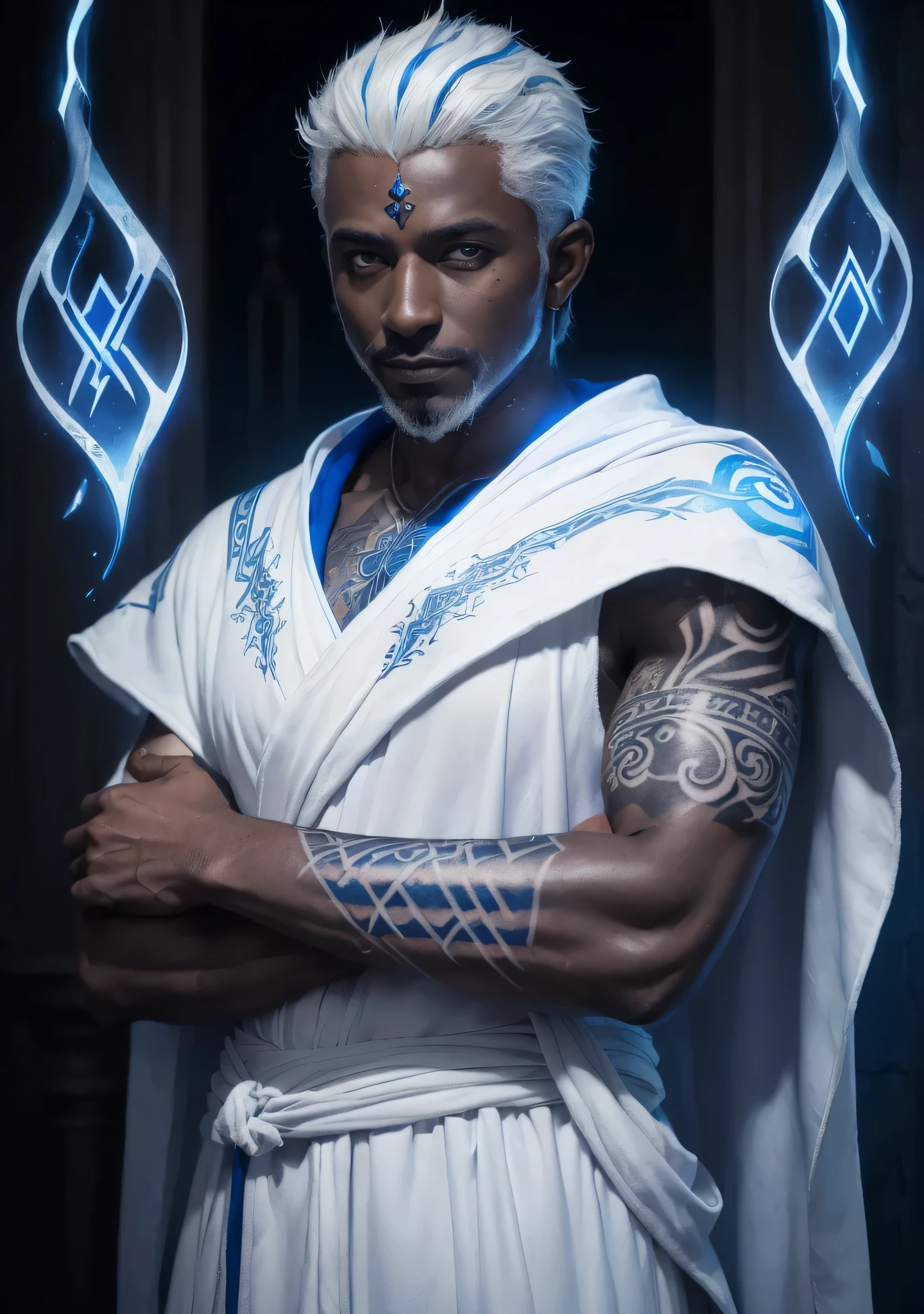 ((grande feiticeiro)), ((manto branco azulado do mago)), ((homem maduro)), ((early 20s)), tonificado, ((bruxo masculino)), 1 , obra de arte, absurdos, detalhe fino, HDR, Sozinho, ((runic tattoos)), charming expression, ((pele escura)) ((crossed arms)),