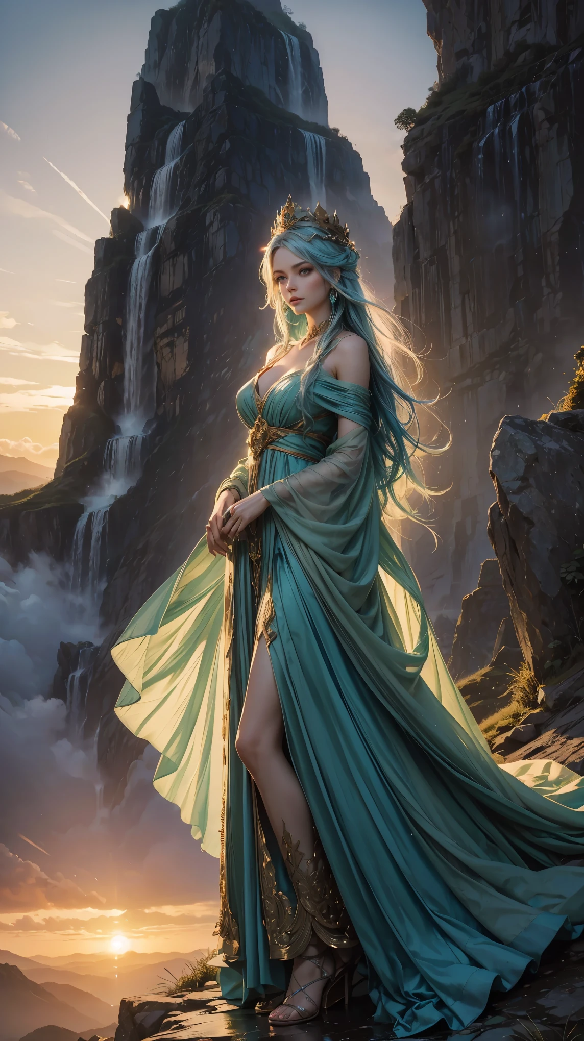 woman with long, flowing blue hair and piercing blue eyes, standing confidently atop a (towering mountain), dressed in a (magnificent, billowing green gown) with a regal crown resting elegantly atop her shoulders, ethereal wings sprouting from her elegant form in the (softly-glowing light of an (orange sunset)). Around her, a breathtakingly (vast, cascading waterfall) crashes down in the (dusky, misty backdrop).