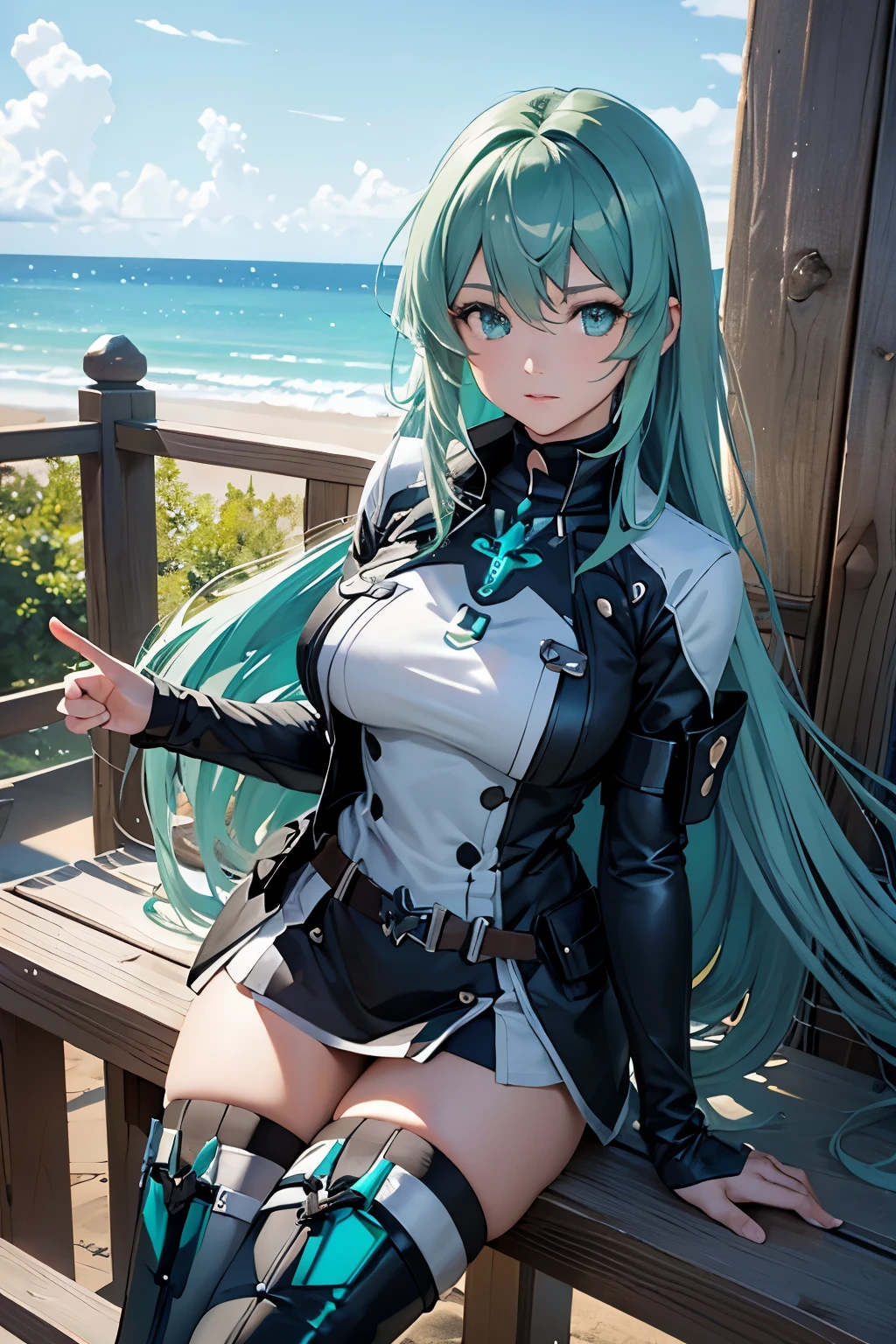 Anime, Girl, (((1girl))), (((Waifu, Xenoblade Chronicles 2, Pneuma Waifu))), Techwear, (((Seafoam Green Hair, Long Hair))), ((Seafoam Green Eyes eyes:1.3, Upturned Eyes: 1, Perfect Eyes, Beautiful Detailed Eyes, Gradient eyes: 1, Finely Detailed Beautiful Eyes: 1, Symmetrical Eyes: 1, Big Highlight On Eyes: 1.2)), (((Lustrous Skin: 1.5, Bright Skin: 1.5, Skin Fair, Shiny Skin, Very Shiny Skin, Shiny Body, Plastic Glitter Skin, Exaggerated Shiny Skin, Illuminated Skin))), (Detailed Body, (Detailed Face)), Young, Idol Pose, (Best Quality), (((Military Uniform, Miliraty Cap, Military Coat, Thigh-high Heeled Boots))), High Resolution, Sharp Focus, Ultra Detailed, Extremely Detailed, Extremely High Quality Artwork, (Realistic, Photorealistic: 1.37), 8k_Wallpaper, (Extremely Detailed CG 8k), (Very Fine 8K CG), ((Hyper Super Ultra Detailed Perfect Piece)), (((Flawlessmasterpiece))), Illustration, Vibrant Colors, (Intricate), High Contrast, Selective Lighting, Double Exposure, HDR (High Dynamic Range), Post-processing, Background Blur