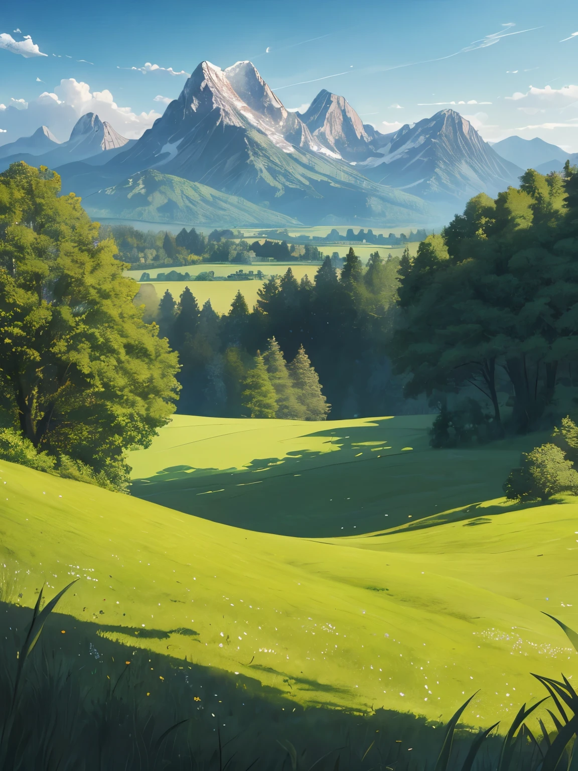green meadow
BREAK
a green forest stretches out and beyond that, mountains rise in the distance
BREAK
The most suitable effect for this scene would be a watercolor painting technique to capture the softness of the meadow and the fluidity of the movement