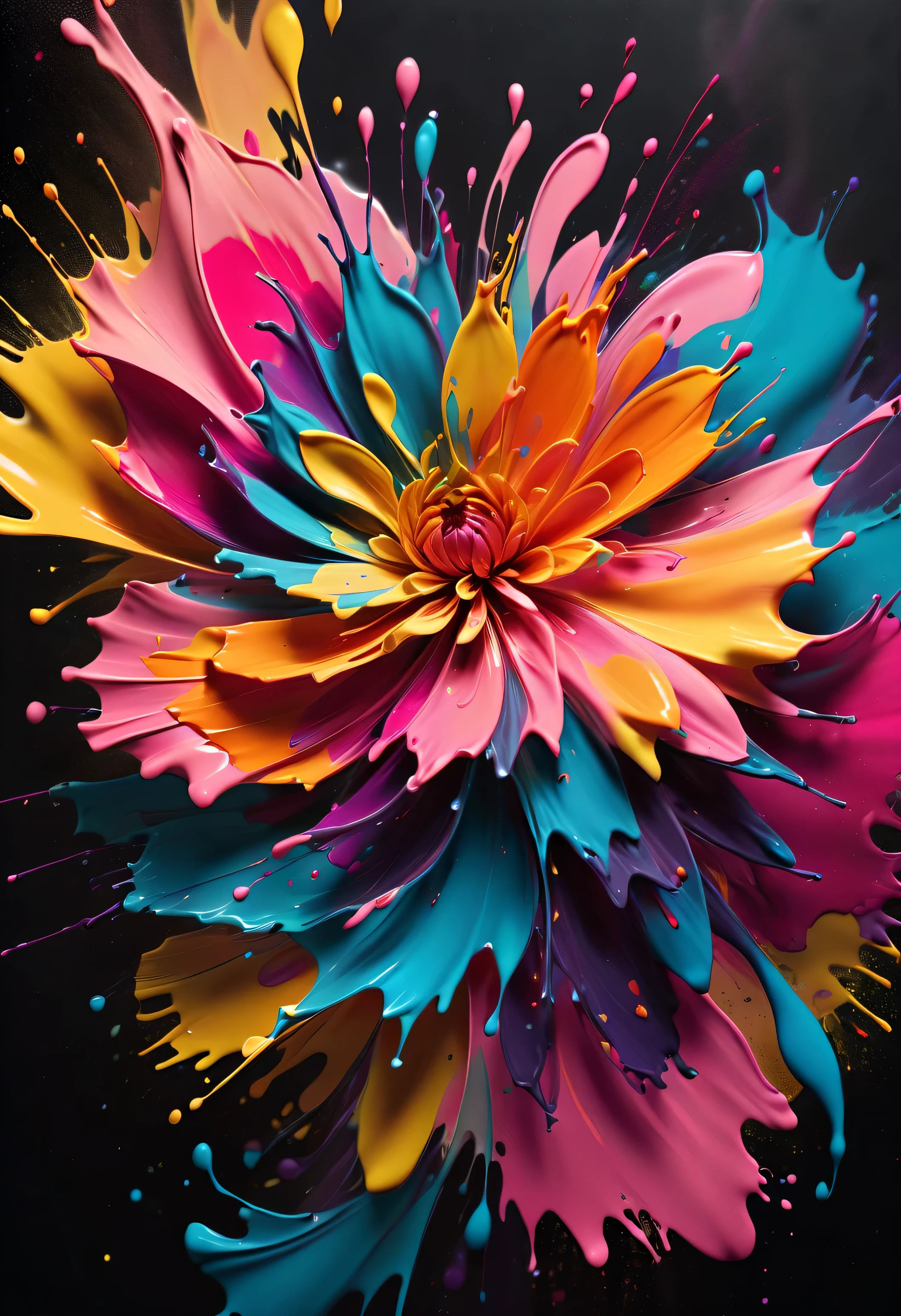 (Best image quality,4K,8 TAUSEND,High Resolution,Meisterwerk:1.2),ultradetailliert,(lebensecht,lebensecht,lebensecht:1.37)。Kreatives Tapetendesign,Extremely aesthetic,Explosive Kunst,Wirbel,Abstrakte Kunst,Like a blooming flower,(((Tintenspritzer:1.5,Kunstspritzer))),(((Tintenspritzer effect:1.37,Sprühfarbe:1.37.Spritzer bunter Farbe,Farbspritzer-Hintergrund,)))energische Bewegung,Dynamic and powerful Abstrakte Kunst,Satte Farben,Propylen,lebendige Regenbogenfarben,happy and lively atmosphere,Leuchtorange,Rosa,Whimsical and dreamy,Spontanes Spritzen,strong color contrast。dunkler Hintergrund