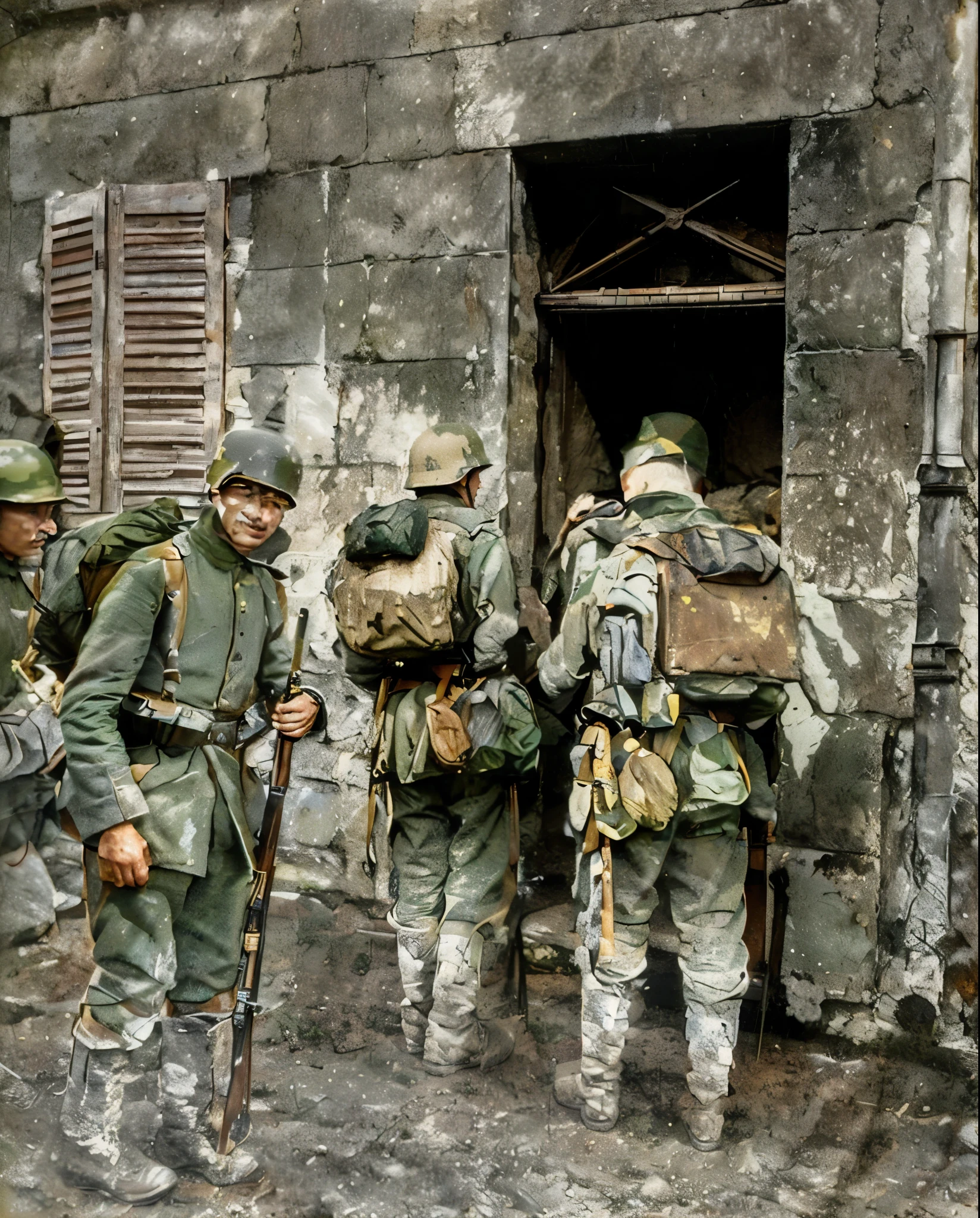 soldiers are standing outside of a building with their backs turned, colourized, colourised, ww1 film photo, troops searching the area, colorized, ww1, ww 1, award winning colorized photo, several soldiers, in nazi occupied france, colorized 1 9 0 4 photo, ww1 photo, detail, schutztruppe, ww2 historical photography