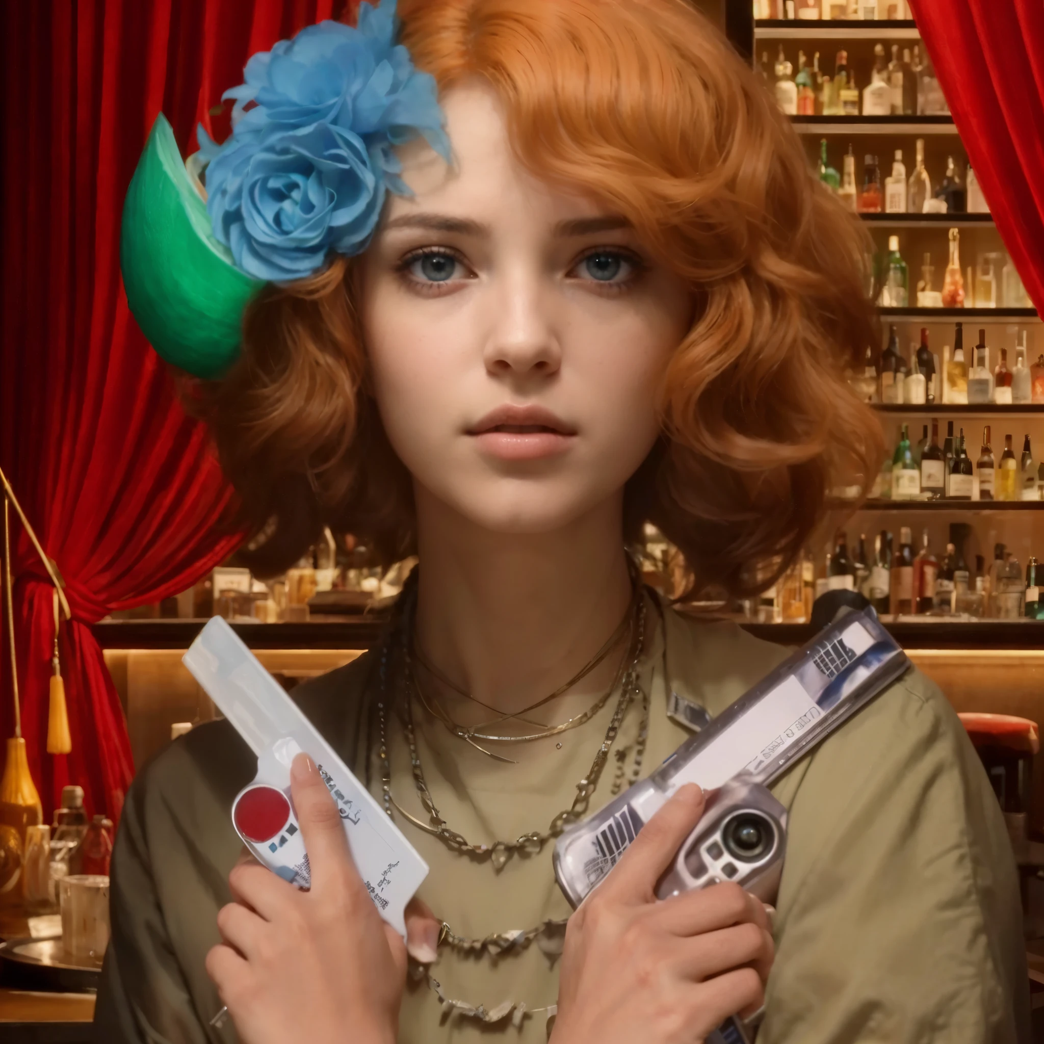 Ultra-realistic cinematic image, 8k shows a beautiful Renaissance painting of a beautiful young woman with BLUE EYES AND RED HAIR with 2 cartridge belts in her hand, She is looking at the camera and in the background there is a bar with several bottles of drinks. Embrace asymmetry, where the organic and the synthetic collide in a dynamic composition. (Infuse a vibrant and timeless changing palette). Integre surpresas de realidade aumentadas. sinfonia visual que harmoniza os elementos presentes.((higher resolution)),(melhor qualidade),((Extremely sharp focus)),