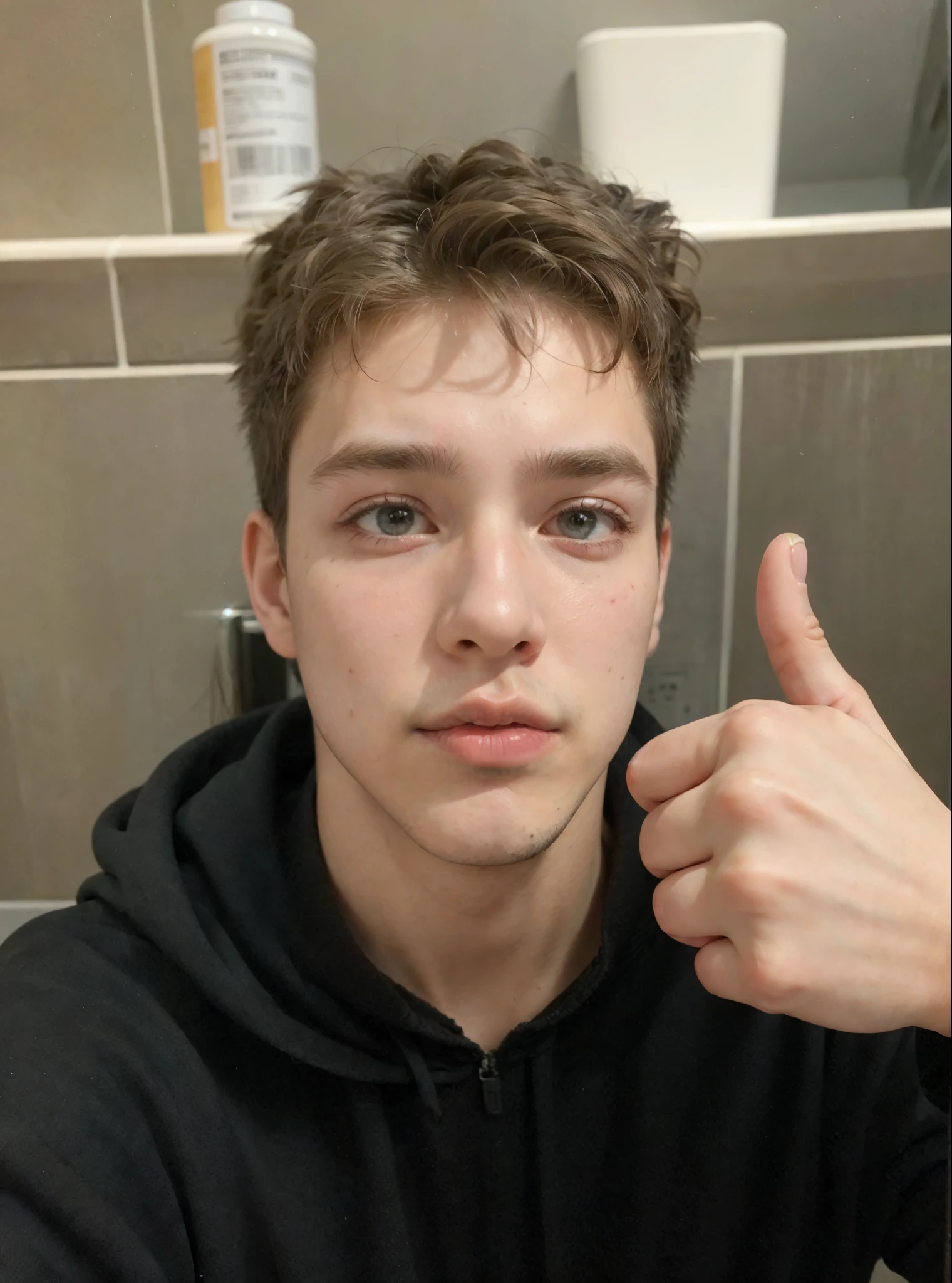There is a man who is giving a thumbs up in the bathroom., contraction serpentine / jugador ludwig, taken in the early 2020s, 18 years, joel fletcher, cuchilla del grupo de drenaje, julian ope, around 19 years, 16 years old, foto de perfil en la cabeza, 21 years, foto de perfil 1024px