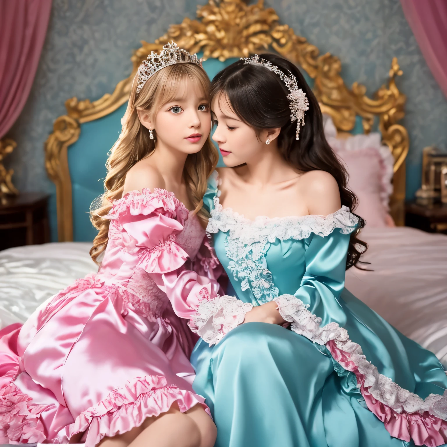 ,highest quality, masterpiece, highest resolution, artwork, super それにget used to it, many get used to it, get used to it, それにget used to it, 3K realistic photos,,((10 years old女の子)),Super detailed baby face,the two girls are princesses,Full length ball gown dress with hoop skirt,ruffle yoke collar,puff sleeves,long sleeve,((Lolita style hot pink detailed princess satin dress、Comes with lots of frills and ribbons。)),colorful rococo fashion,shiny satin dress,Soft and smooth fabric,luxury,long blonde hair,blue eyes,white skin european,pajamas,((inside the palace)),,,(( 10 years old)),Super detailed baby face,Full length ball gown dress with hoop skirt,long skirt,ruffle yoke collar,puff sleeves,腰まで伸びるlong blonde hair,blue eyes,white skin european,pajamas,((inside the palace bedroom)),シルクサテンのluxuryなcanopy bedの上,canopy bed,Luxurious curtains on both sides of the bed,many frilly pillows on the bed,super detailed background,Detailed bed,romantic atmosphere,two little princesses on the bed,Two people hugging each other,((((Both legs are hidden in the dress)))),the dress is spread out on the bed,pastel colored silk satin bed sheets,soft silk satin comforter,Soft silk satin ruffled pillow in pastel colors,Beautiful girl illustration,detailed beautiful face detailed hair,detailed human eye ,detailed mouth, arm details,fine hands,Detailed pillow,