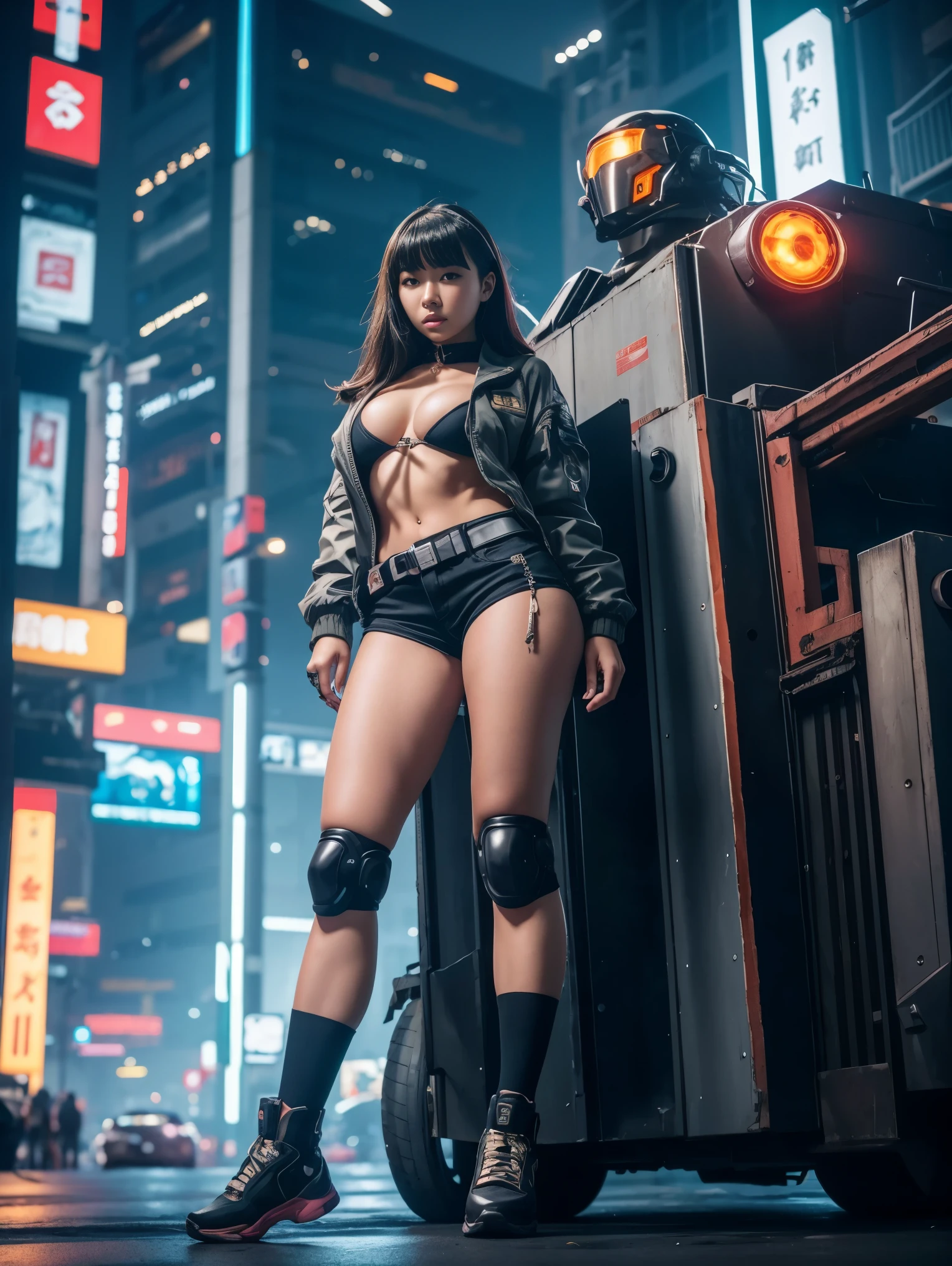 One ultra hot gorgeous woman, age 23, in short shorts and jacket standing next to giant robot, artwork in the style of guweiz, cyberpunk anime girl mech, trending on cgstation, guweiz, by Russell Dongjun Lu, digital cyberpunk anime art, ross tran 8 k, guweiz on artstation pixiv, girl in mecha cyber armor