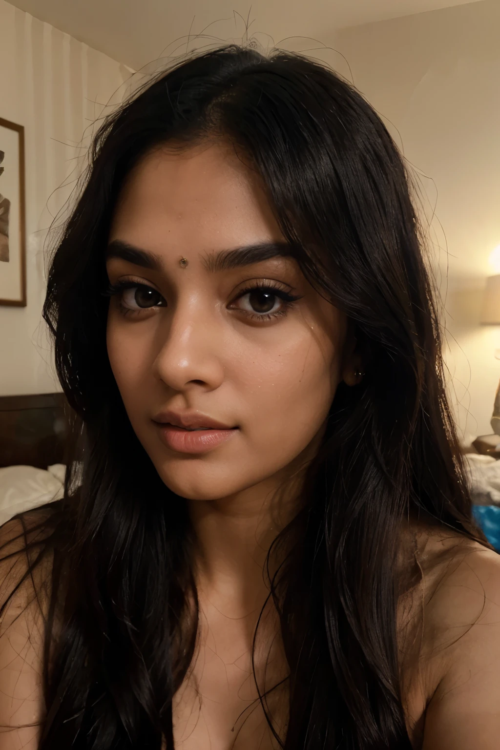 ultra-realistic photographs,Indian young female model,mid 20s,beautiful detailed eyes,detailed lips,longeyelashes,long black wavy hair, naturally full eyebrows,perfectly formed nose,expressive face,attractive appearance,candid photo,golden hour bedroom background, serene atmosphere,soft and natural lighting,vivid colors,photorealistic,HDR,highres,studio lighting,ultra-detailed,bokeh, semi-nude