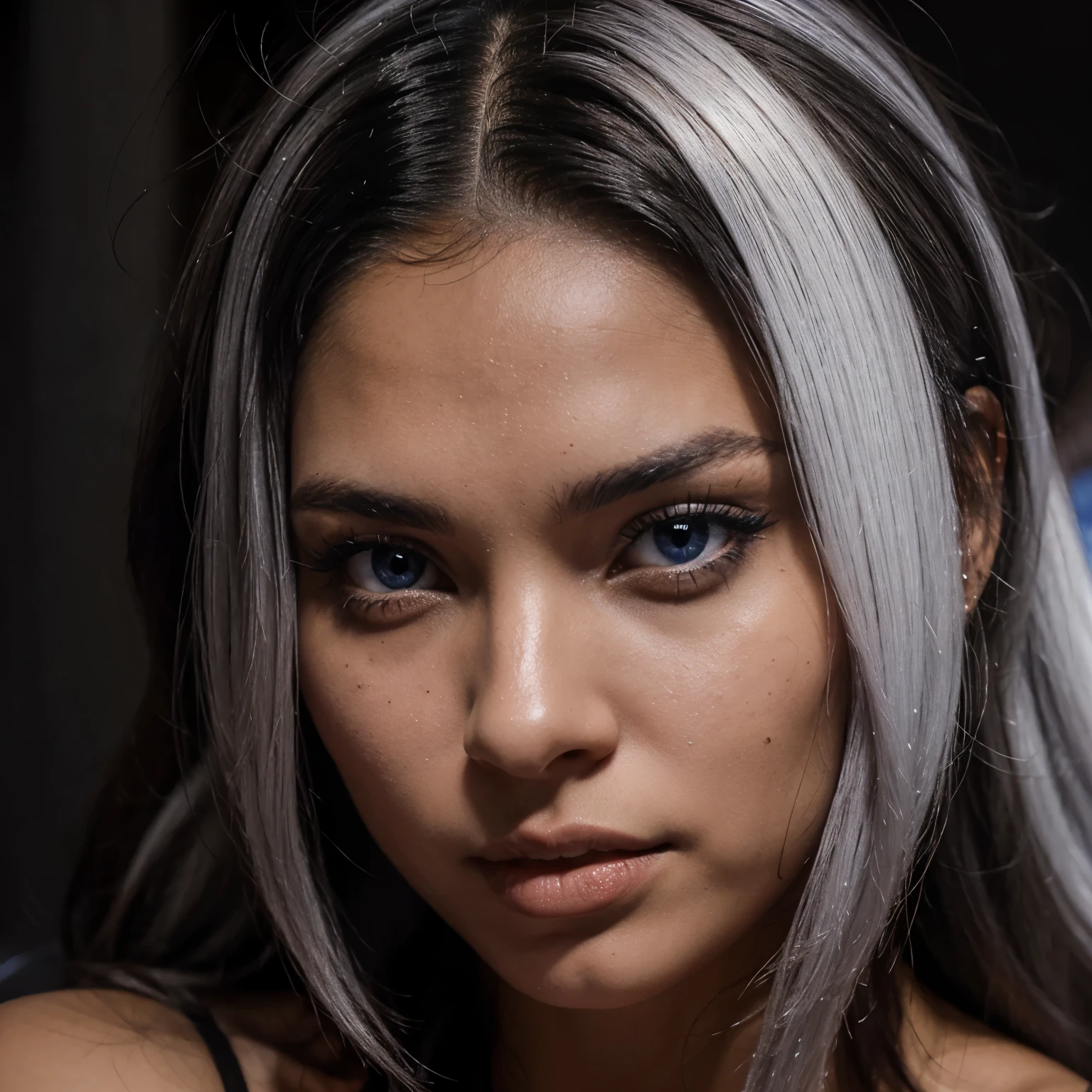 Mujer demonio piel negra cabello blanco ojos azules