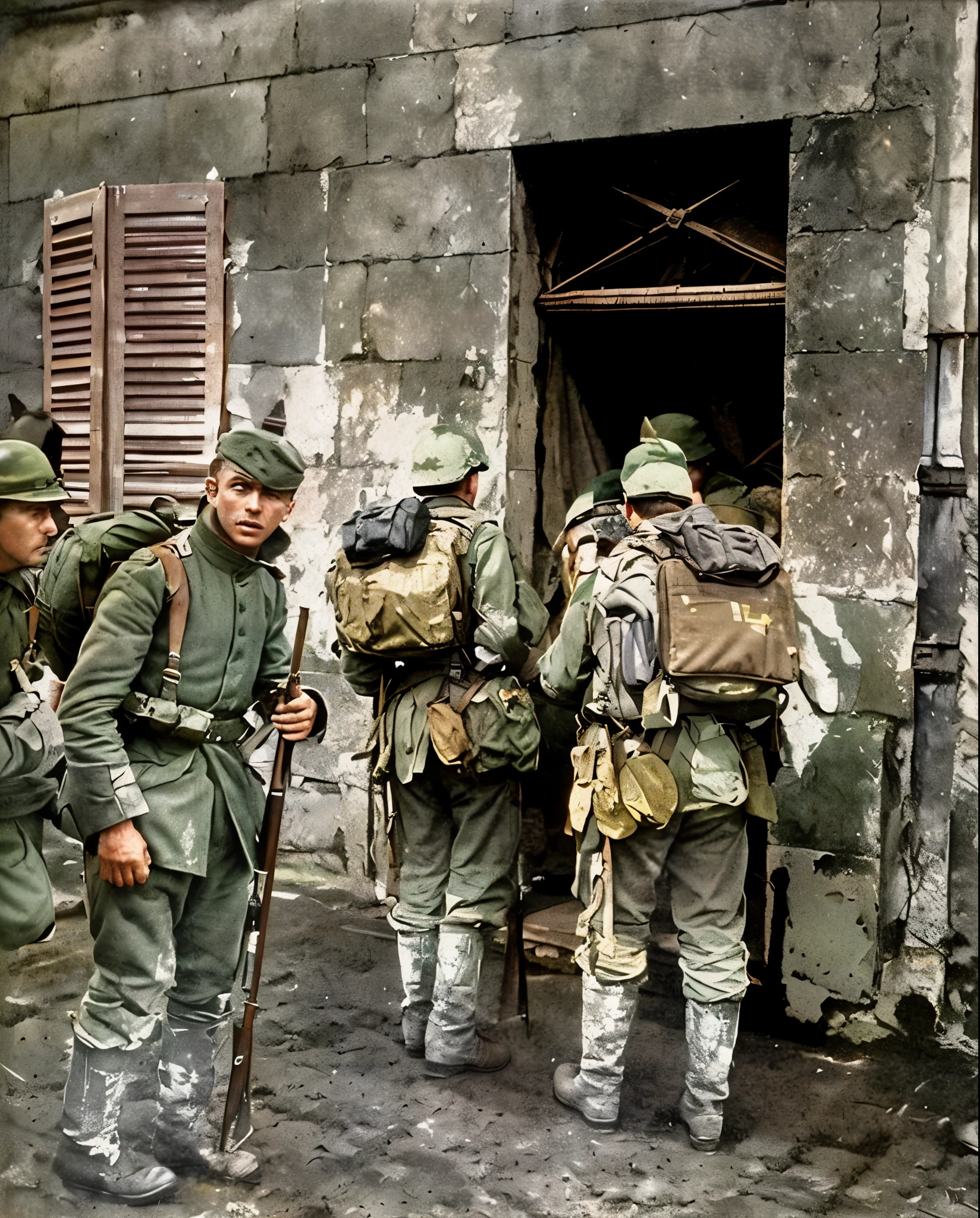 soldiers are standing outside of a building with their backs turned, colourized, colourised, ww1 film photo, troops searching the area, colorized, ww1, ww 1, award winning colorized photo, several soldiers, in nazi occupied france, colorized 1 9 0 4 photo, ww1 photo, detail, schutztruppe, ww2 historical photography