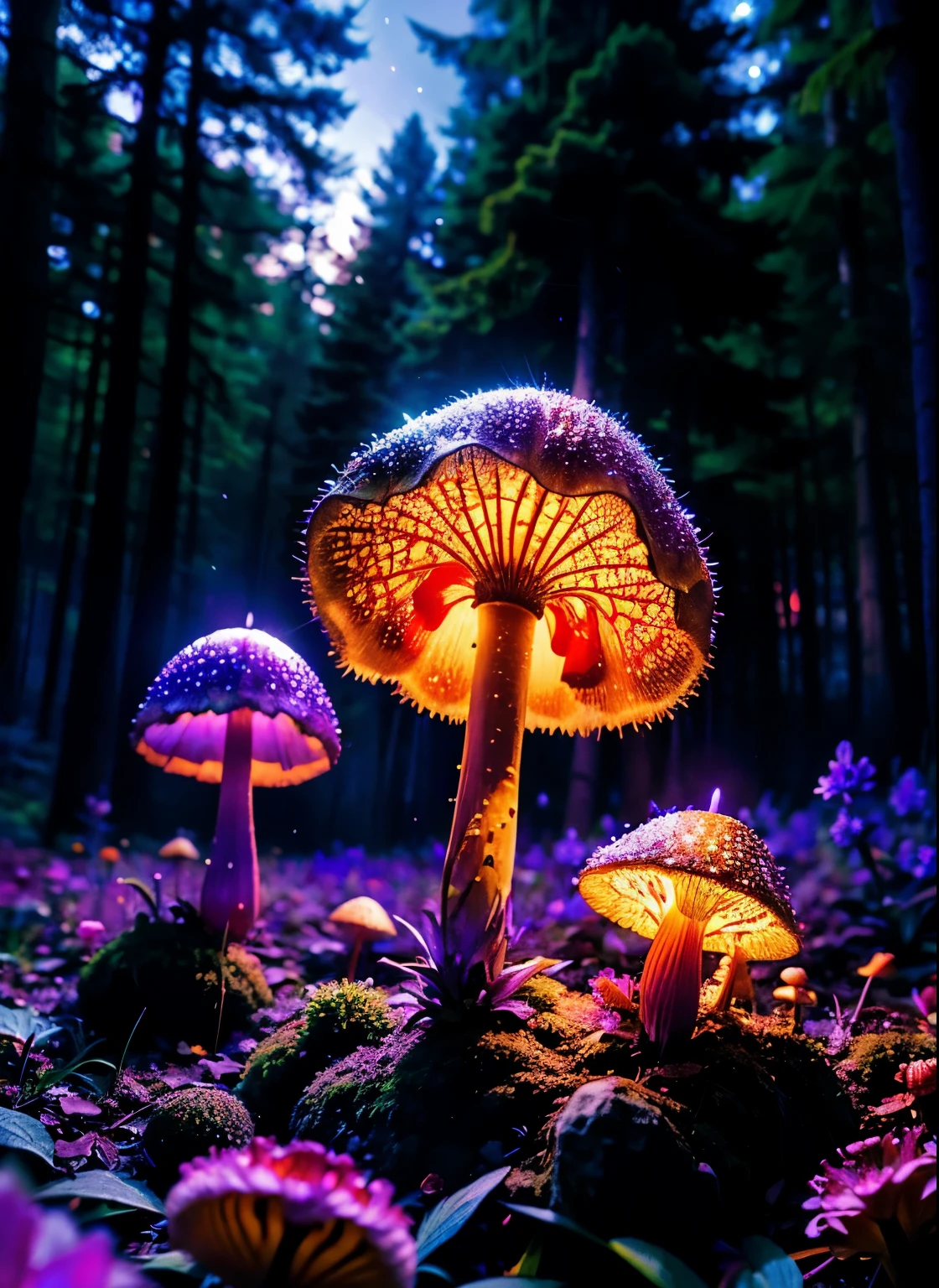 Fly agaric with violet illumination in a night forest with sparkles