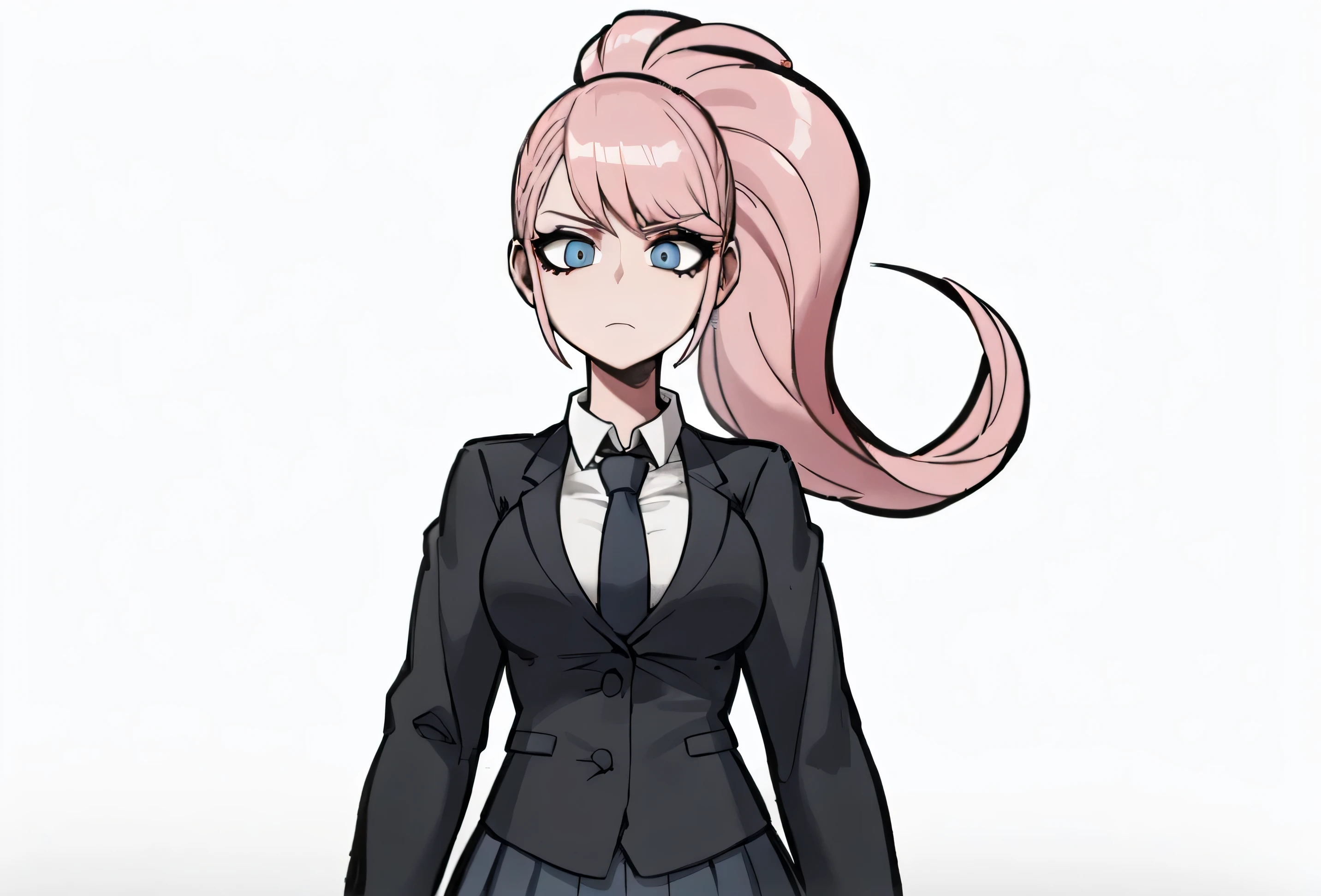Young woman, pink hair, gathered in a big ponytail, Blue eyes, black jacket, skirt and tie