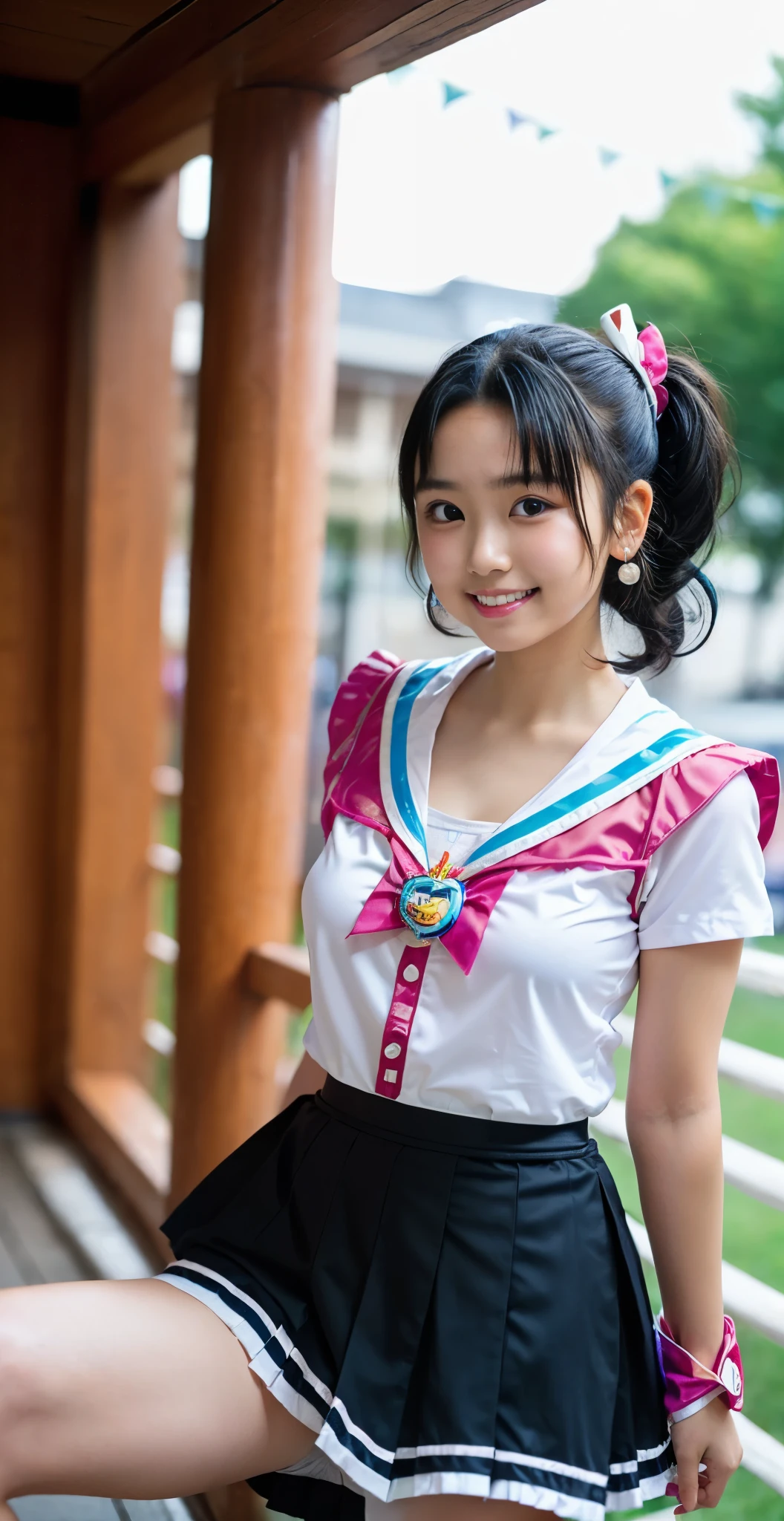 （8K、Raw photography、highest quality、masterpiece：1.2),(black hair、very short hair:1.7),(curly twintails:1.3)、show viewer,Looking at the front,(super sentai series、She is wearing a colorful PreCure series costume....:1.8)、(Clothing that emphasizes the shape of your chest:1.4)、(big breasts :1.4)、slim body shape、ultra high resolution,beautiful,beautiful fece,(alone, alone、no background:1.9),whole bodyボディー,、(black eye、japanese woman: 1.3),（Photoreal：1.37）、photon mapping,reality、(very cute: 1.3)、(cute smile: 1.7)、(With a round face: 1.9)、radio city、Physically based rendering、depth of field rally background、photograph, (skirt is too short: 1.8)、(I can see your knees,close up of thighs、spread your legs、showing off white panties:1.4),whole body、super fine