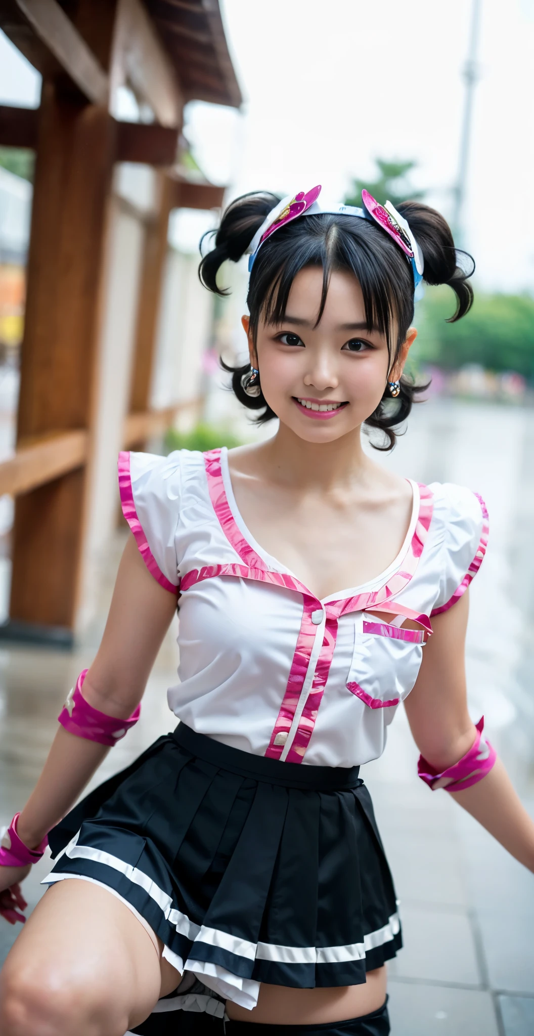 （8K、Raw photography、highest quality、masterpiece：1.2),(black hair、very short hair:1.7),(curly twintails:1.3)、show viewer,Looking at the front,(super sentai series、She is wearing a colorful PreCure series costume....:1.8)、(Clothing that emphasizes the shape of your chest:1.4)、(big breasts :1.4)、slim body shape、ultra high resolution,beautiful,beautiful fece,(alone, alone、no background:1.9),whole bodyボディー,、(black eye、japanese woman: 1.3),（Photoreal：1.37）、photon mapping,reality、(very cute: 1.3)、(cute smile: 1.7)、(With a round face: 1.9)、radio city、Physically based rendering、depth of field rally background、photograph, (skirt is too short: 1.8)、(I can see your knees,close up of thighs、spread your legs、showing off white panties:1.4),whole body、super fine